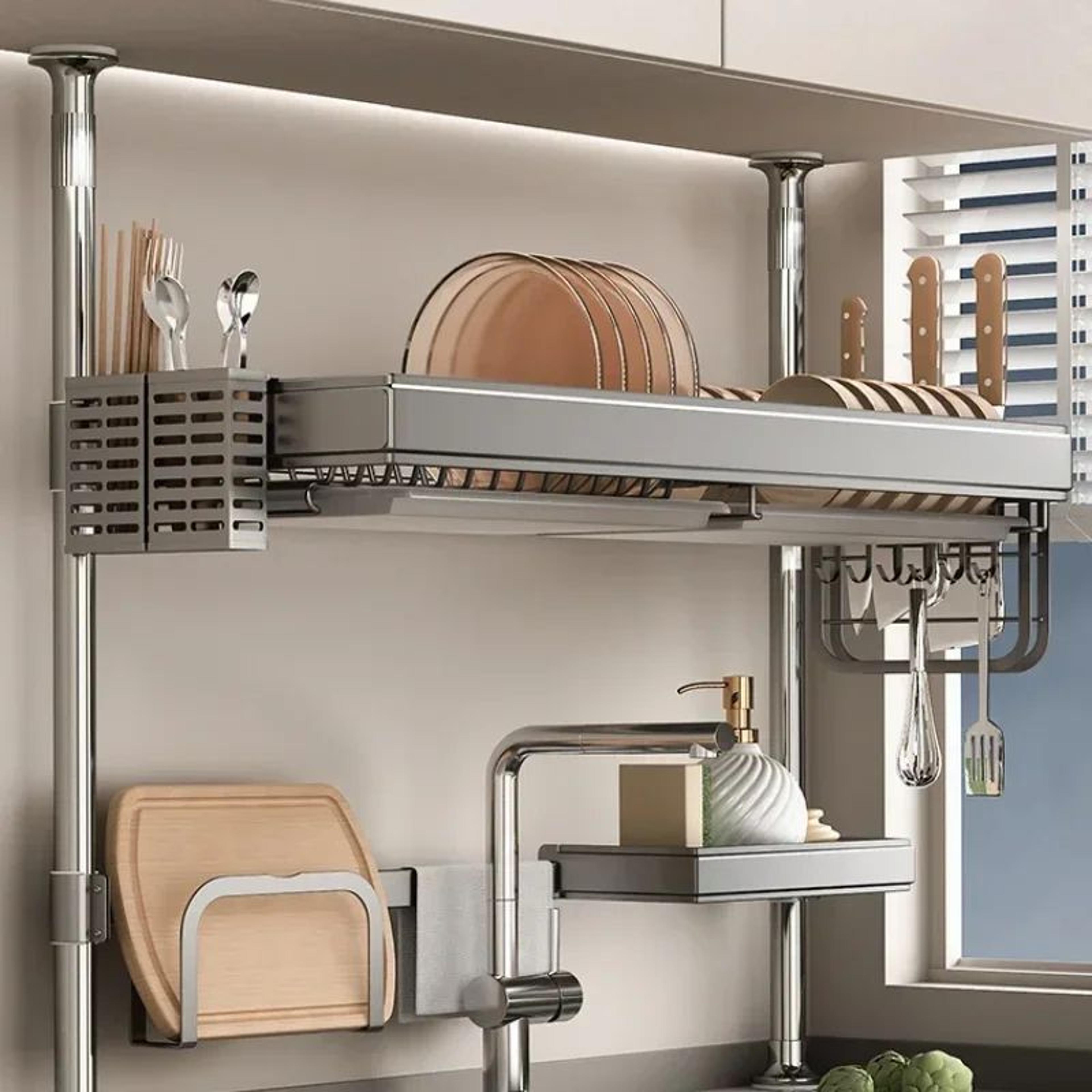 over-the-sink kitchen storage rack – adjustable carbon steel dish drying organizer with multi-layer countertop storage