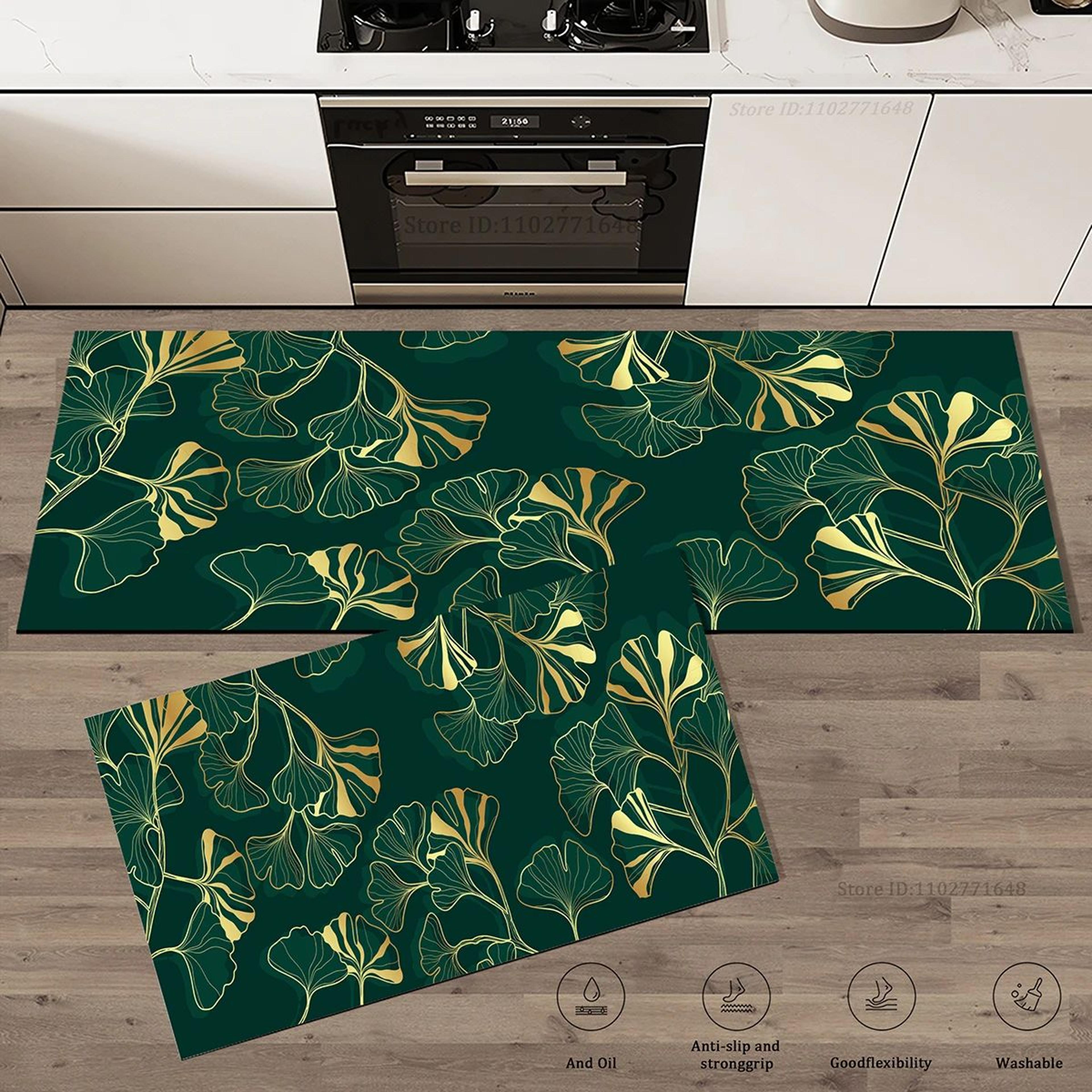 green leaves kitchen floor mat – non-slip absorbent crystal velvet rug for kitchen, bathroom, entryway & laundry room