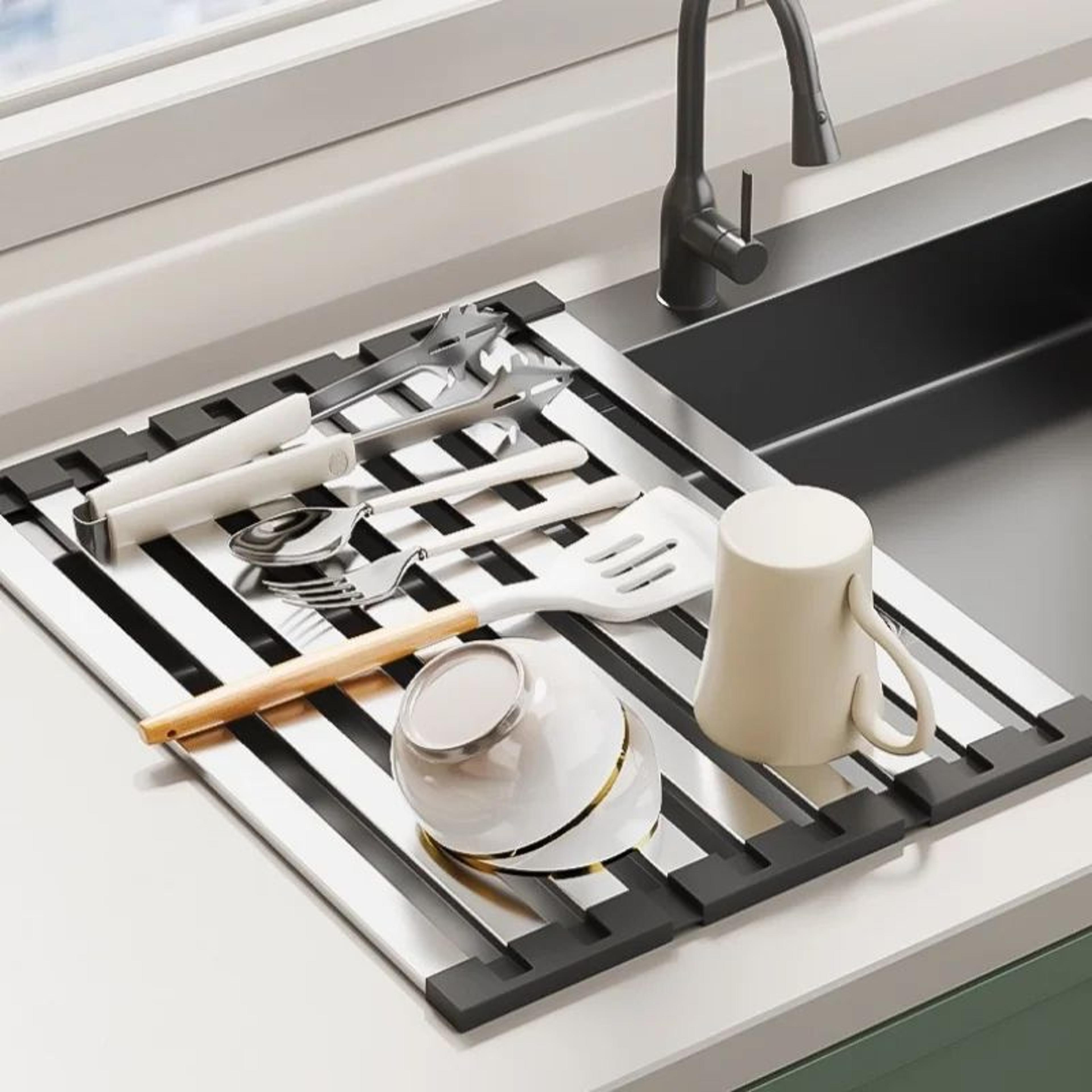 304 stainless steel roll up dish drying rack – foldable over-the-sink dish drainer for kitchen counter & sink
