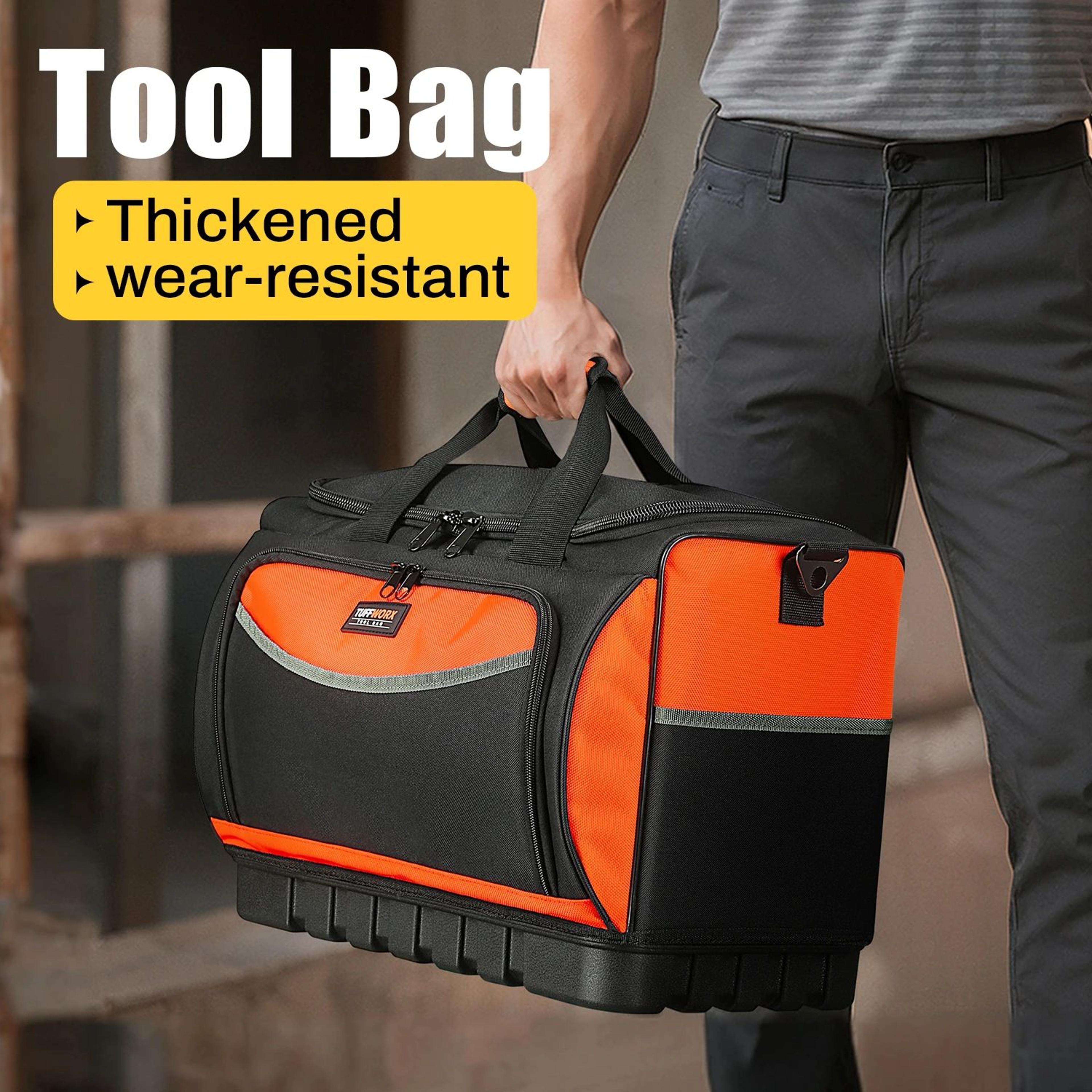 heavy duty open top tool bag with molded base – oxford cloth tool organizer with 18 pockets & adjustable shoulder