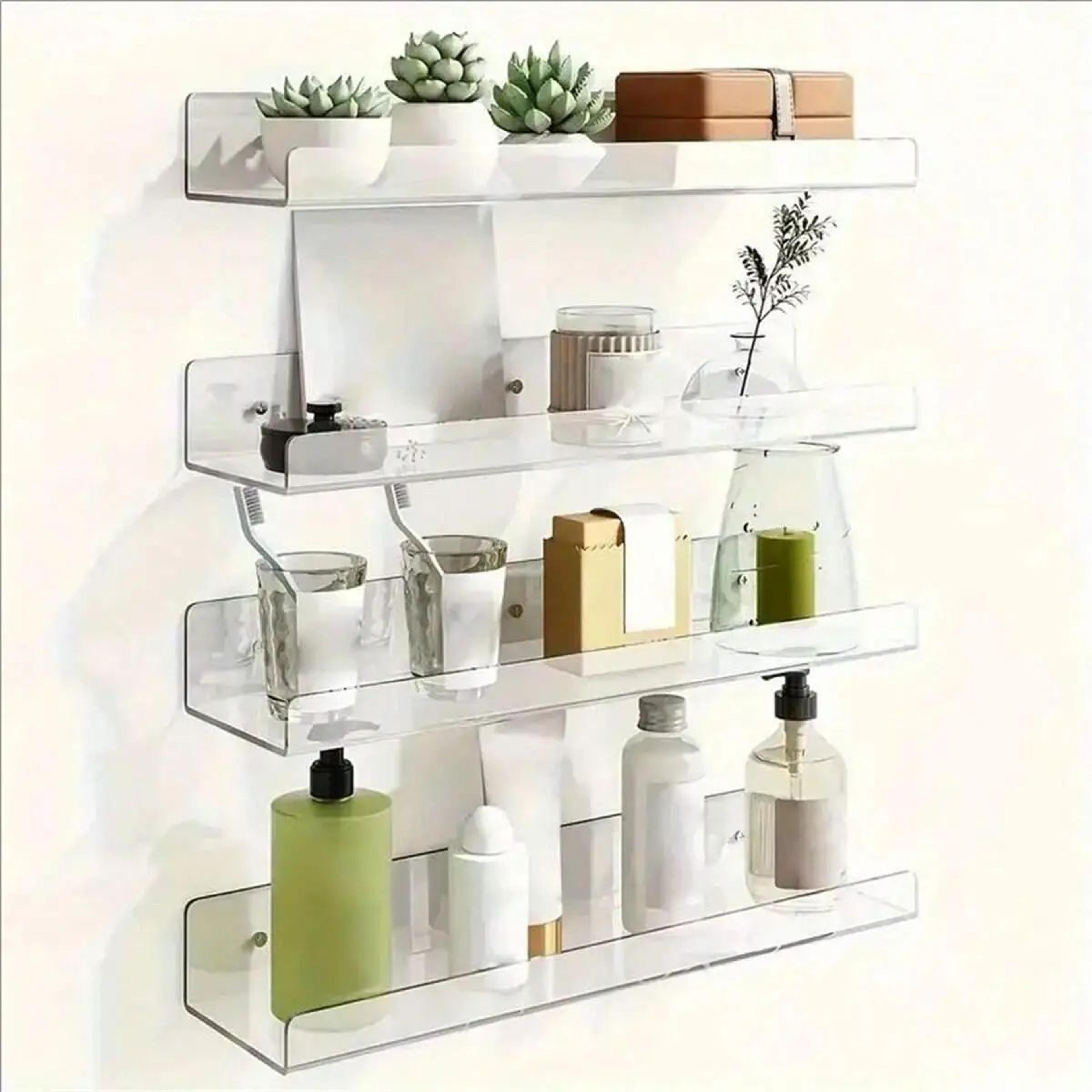 clear acrylic floating wall shelf – plastic wall mounted storage organizer for kitchen, bathroom & office
