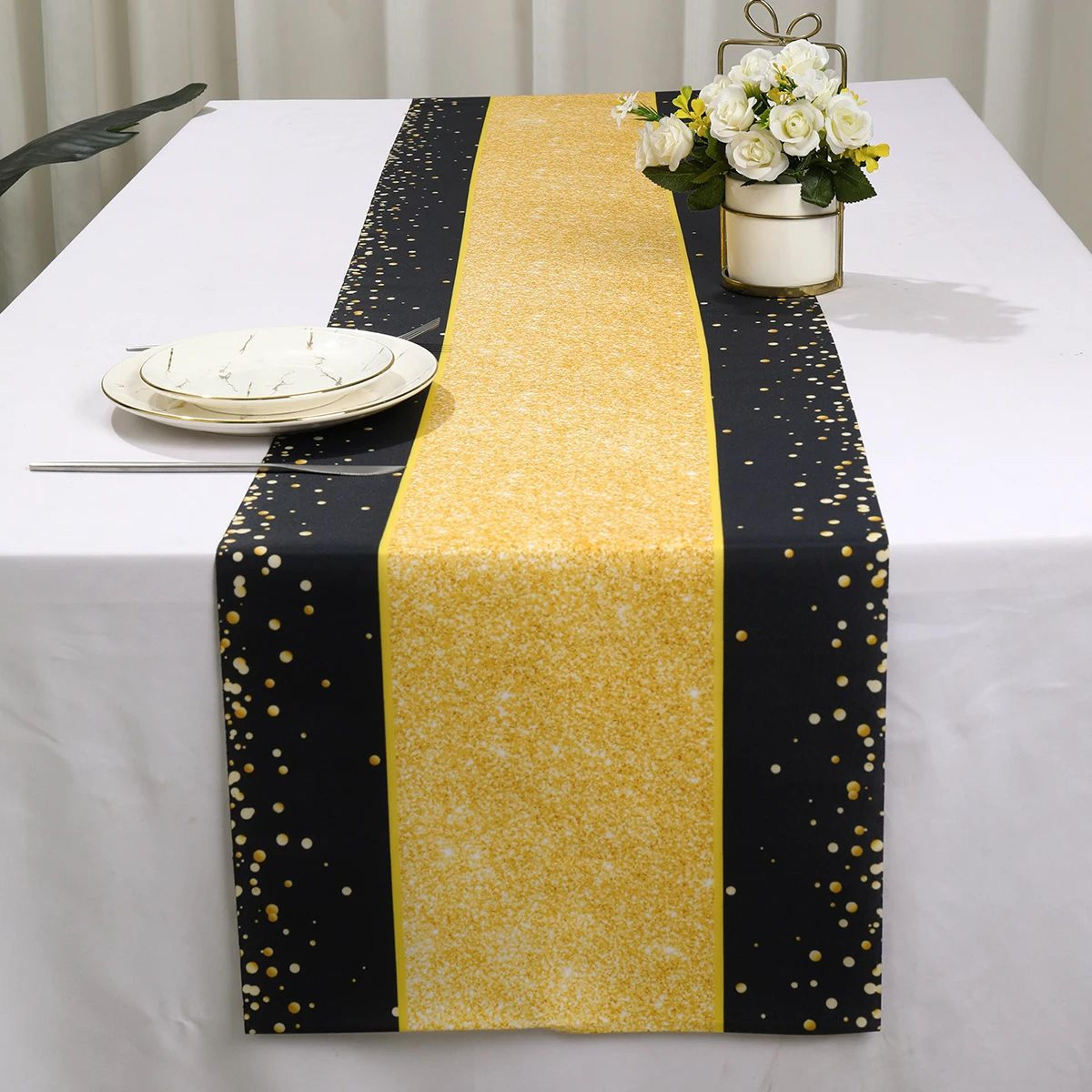 black & gold birthday table runner – polyester party table decoration for birthdays, anniversaries, graduation