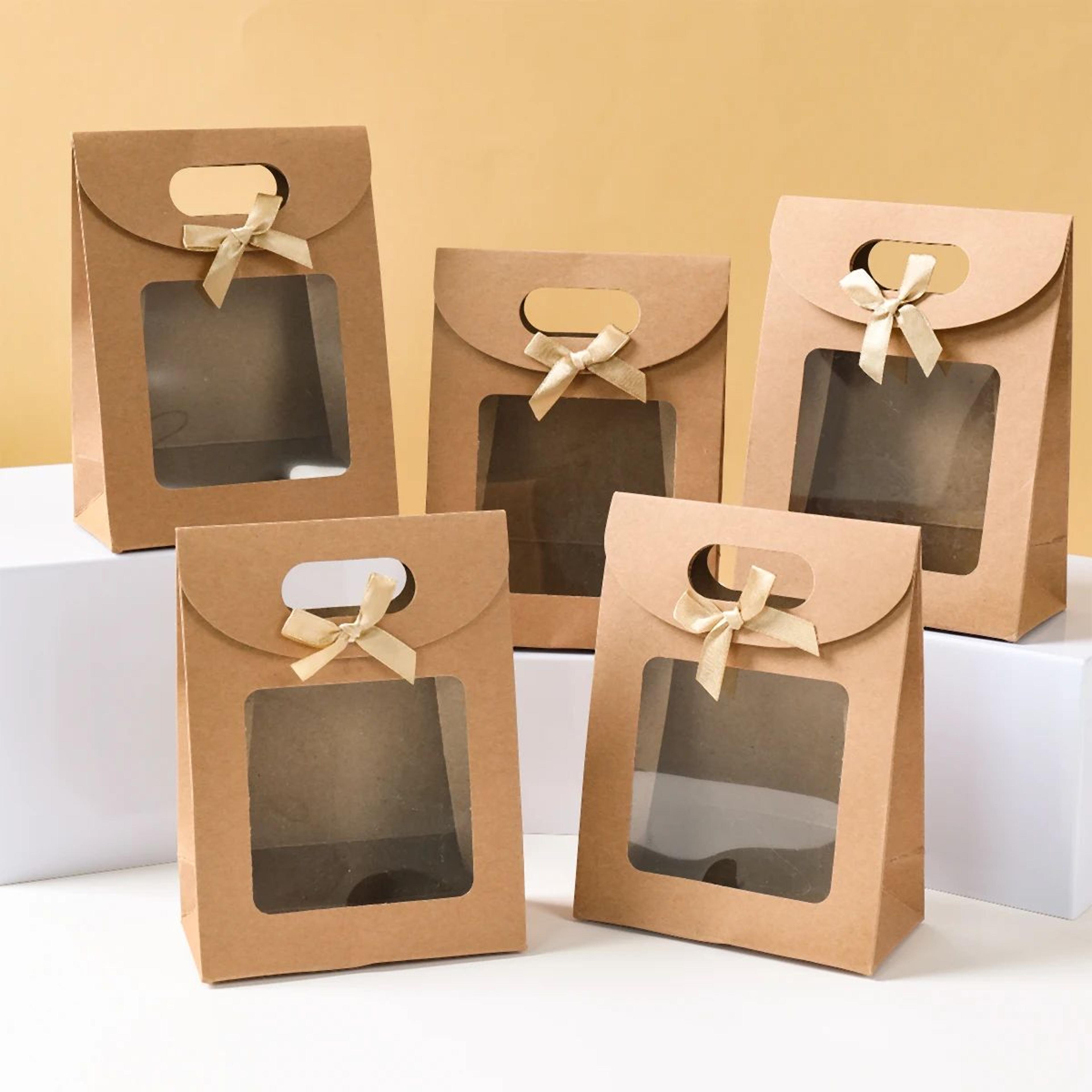 5pcs elegant kraft paper gift bags with clear pvc window & golden bow – portable gift bags for christmas & valentine's d