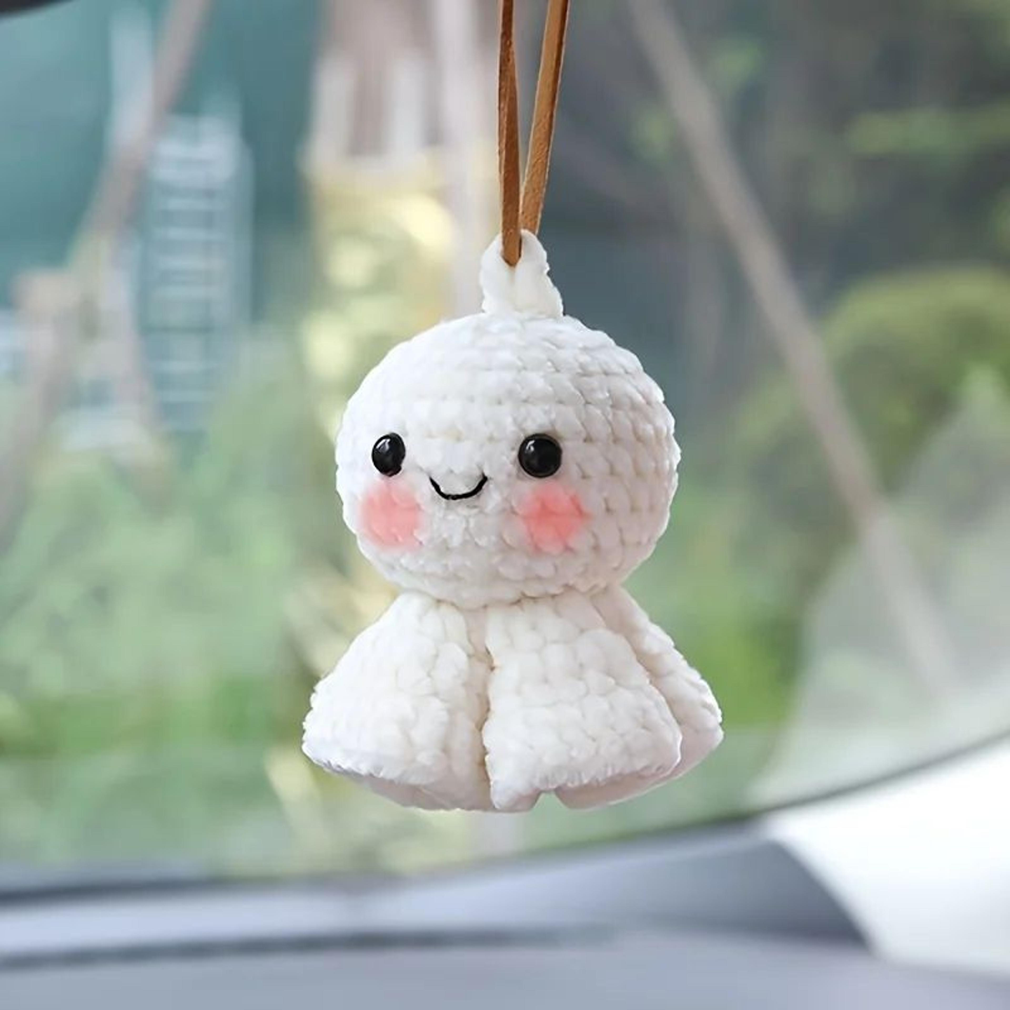 cute crochet sunshine doll car pendant – handmade plush rearview mirror hanging ornament, plant fiber car interior decor