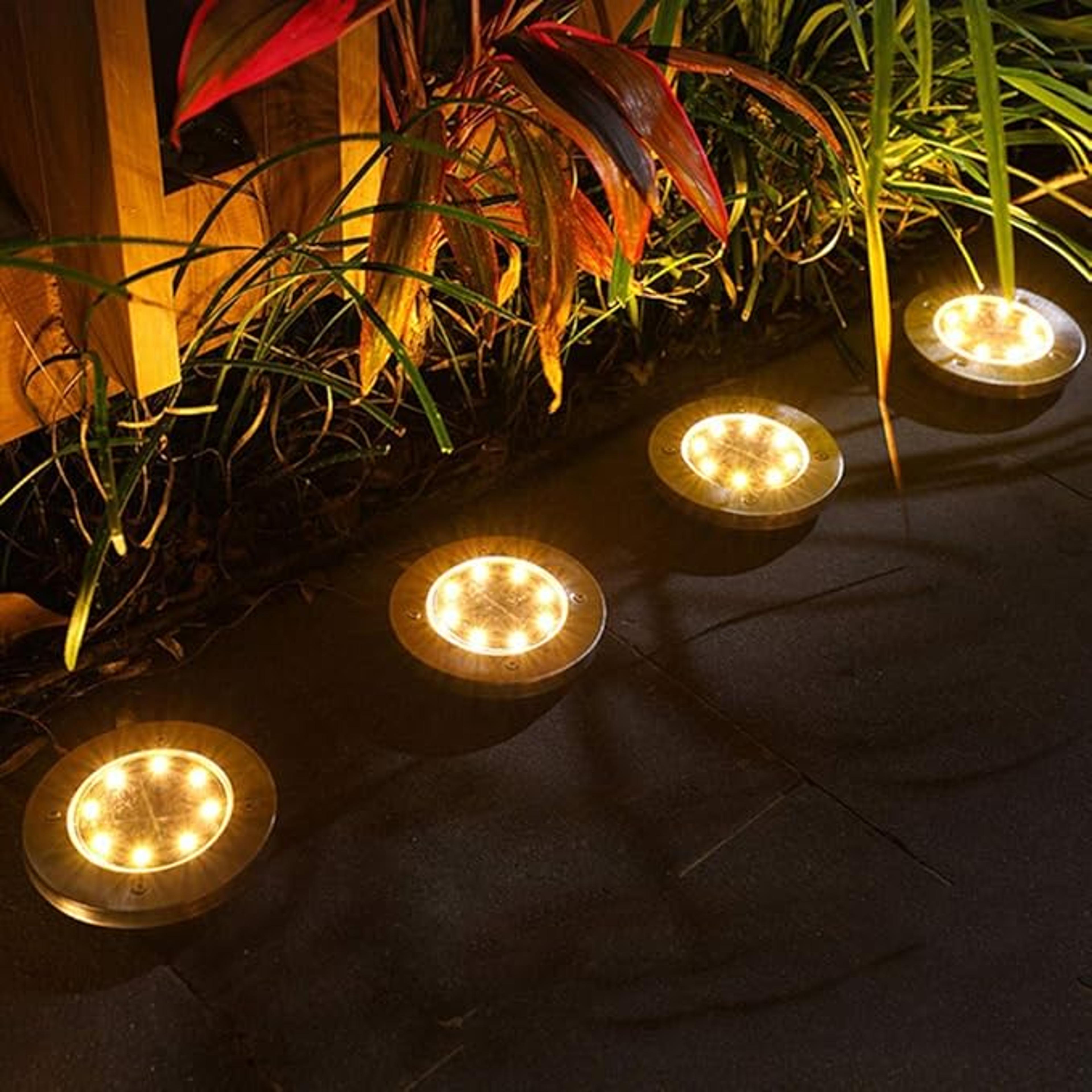 4 pcs 8 led solar disk ground lights – waterproof outdoor buried landscape pathway, deck & garden spotlights