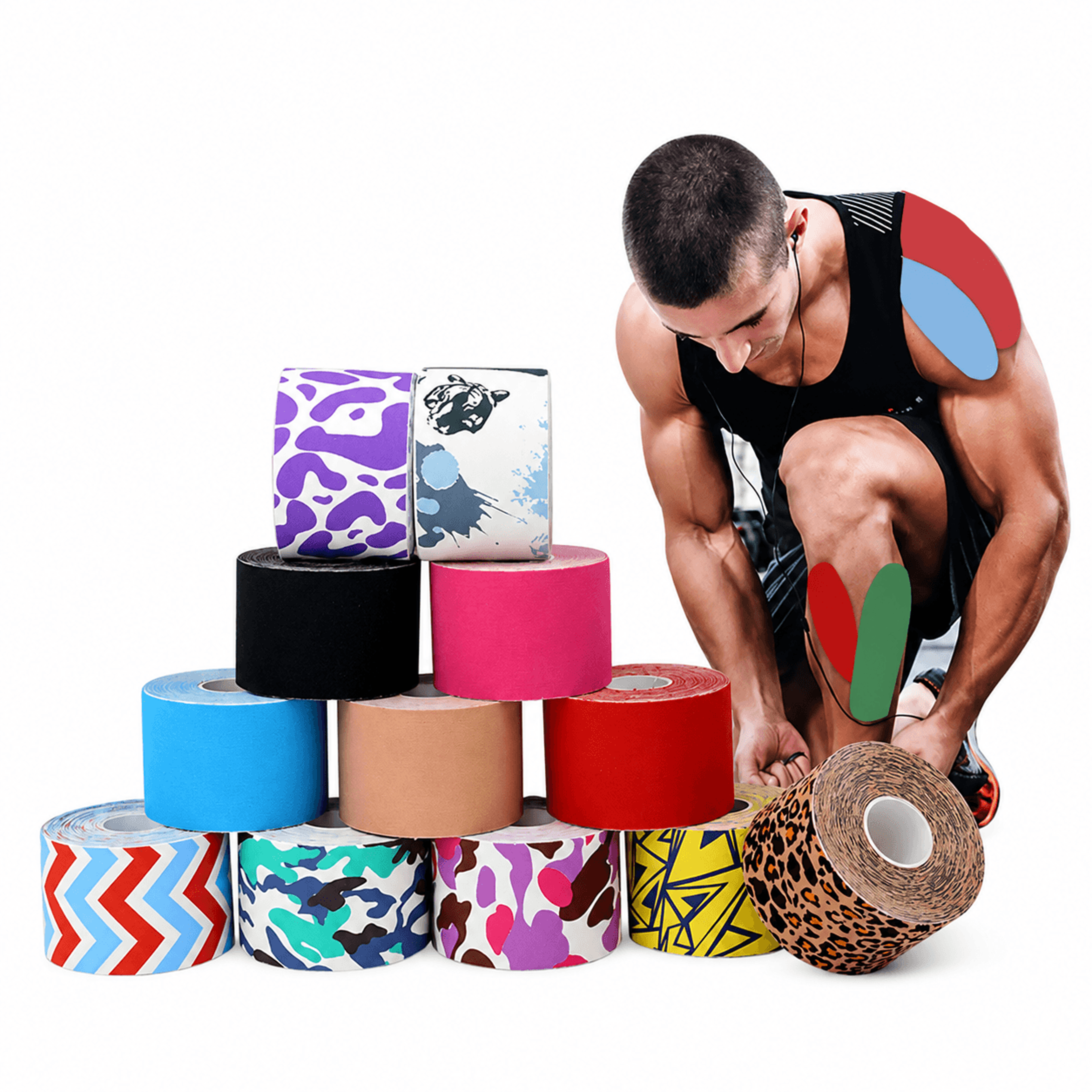 kinesiology tape 2 in x 16.4 ft printed cotton athletic tape – waterproof muscle support for pain relief