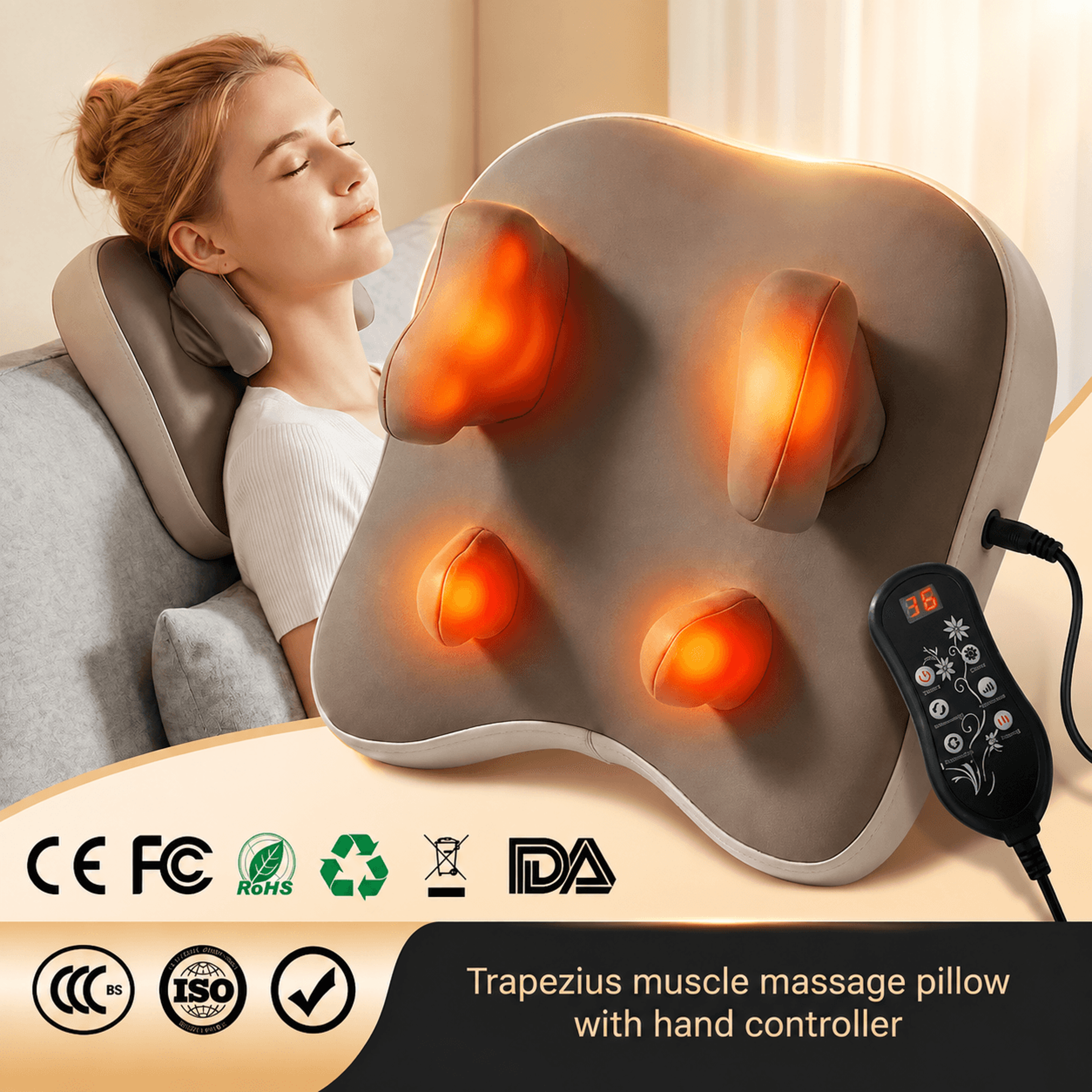 wireless rechargeable shiatsu neck & trapezius massage pillow – heated deep kneading massager for neck, back, waist