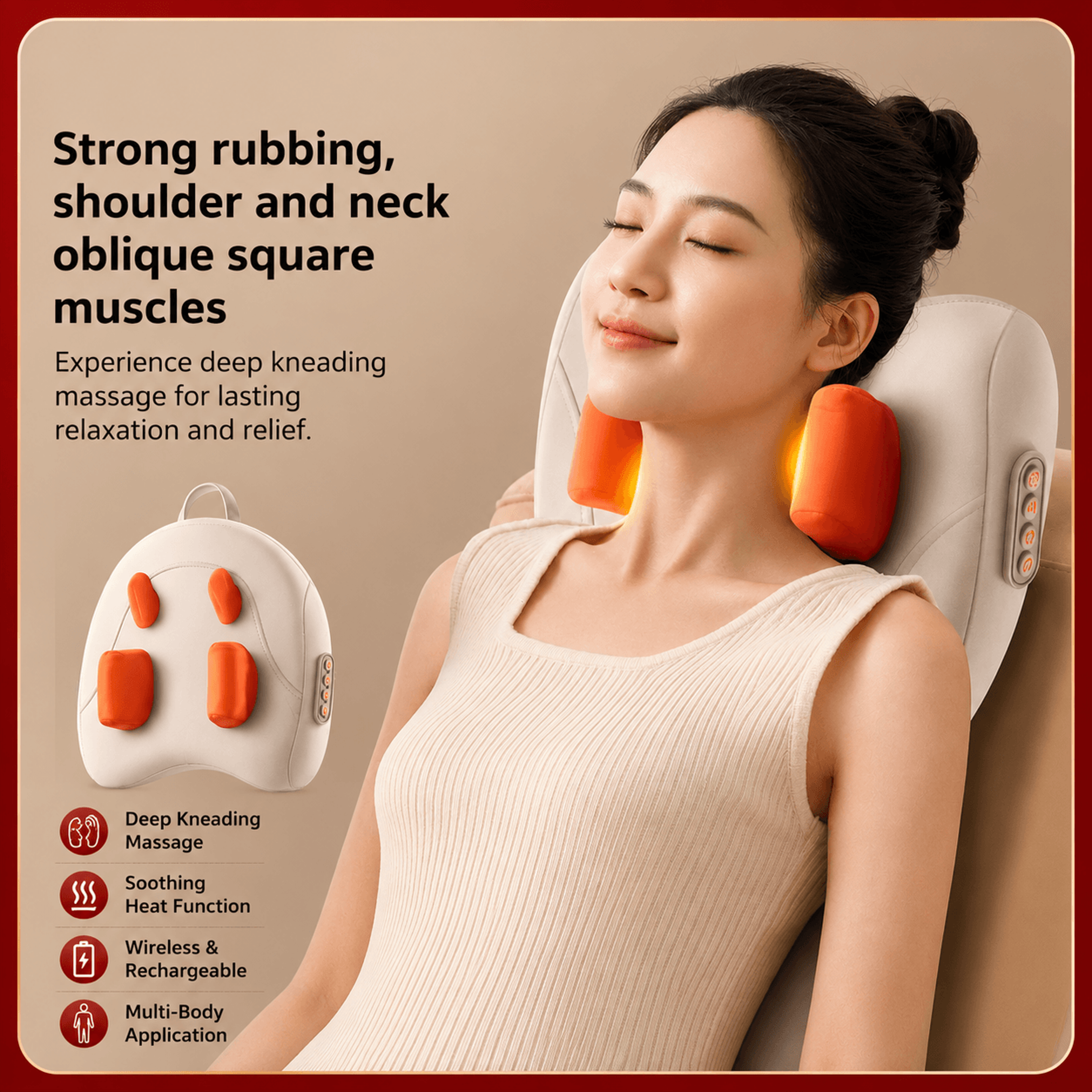 wireless shiatsu trapezius massage pillow with heat – rechargeable neck, shoulder, back & leg deep tissue massager