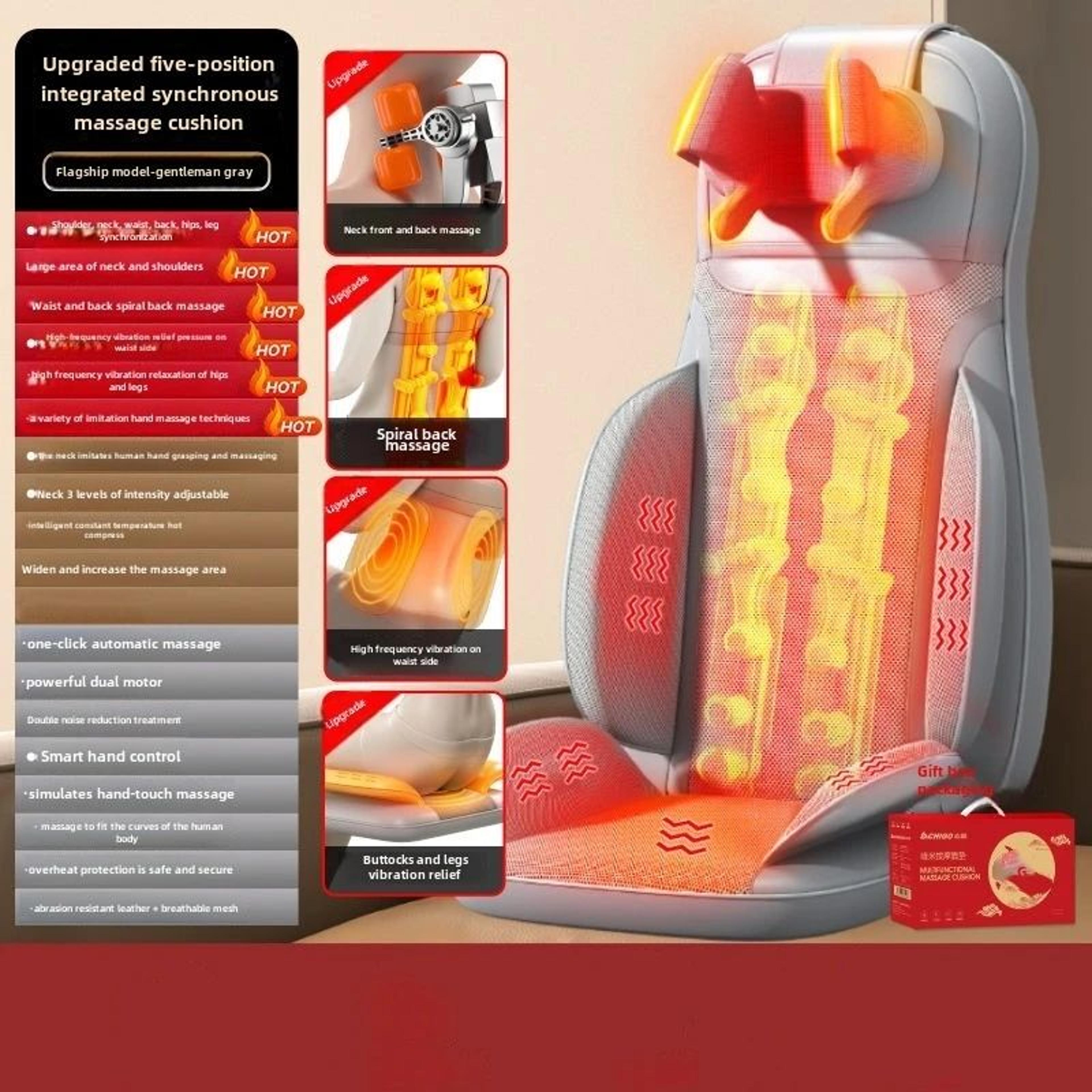 5-vibration heated shiatsu massage seat cushion – electric neck back waist hip massager for home office & car