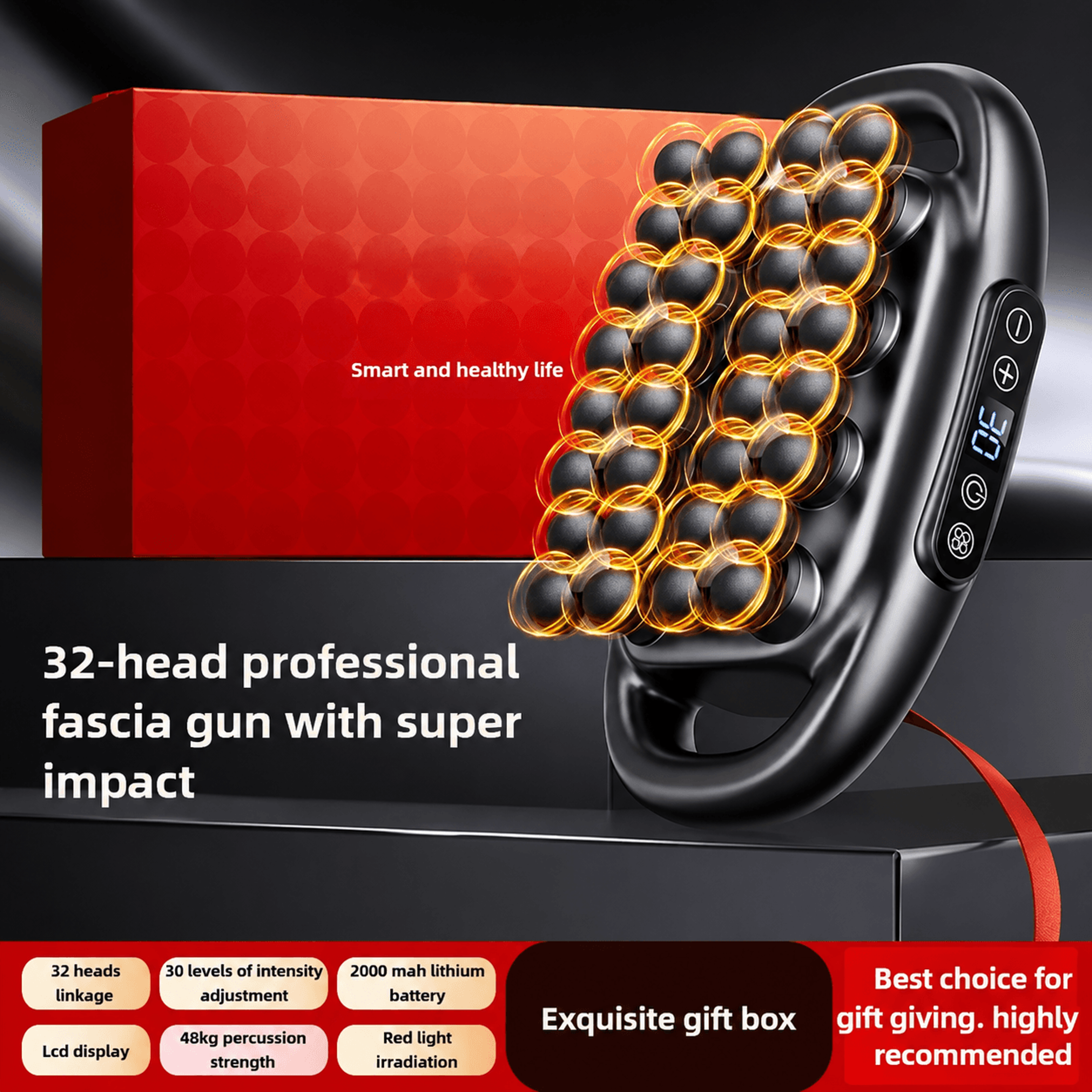 32-head deep tissue massage gun with heat & red light therapy – wireless muscle massager with ai smart control