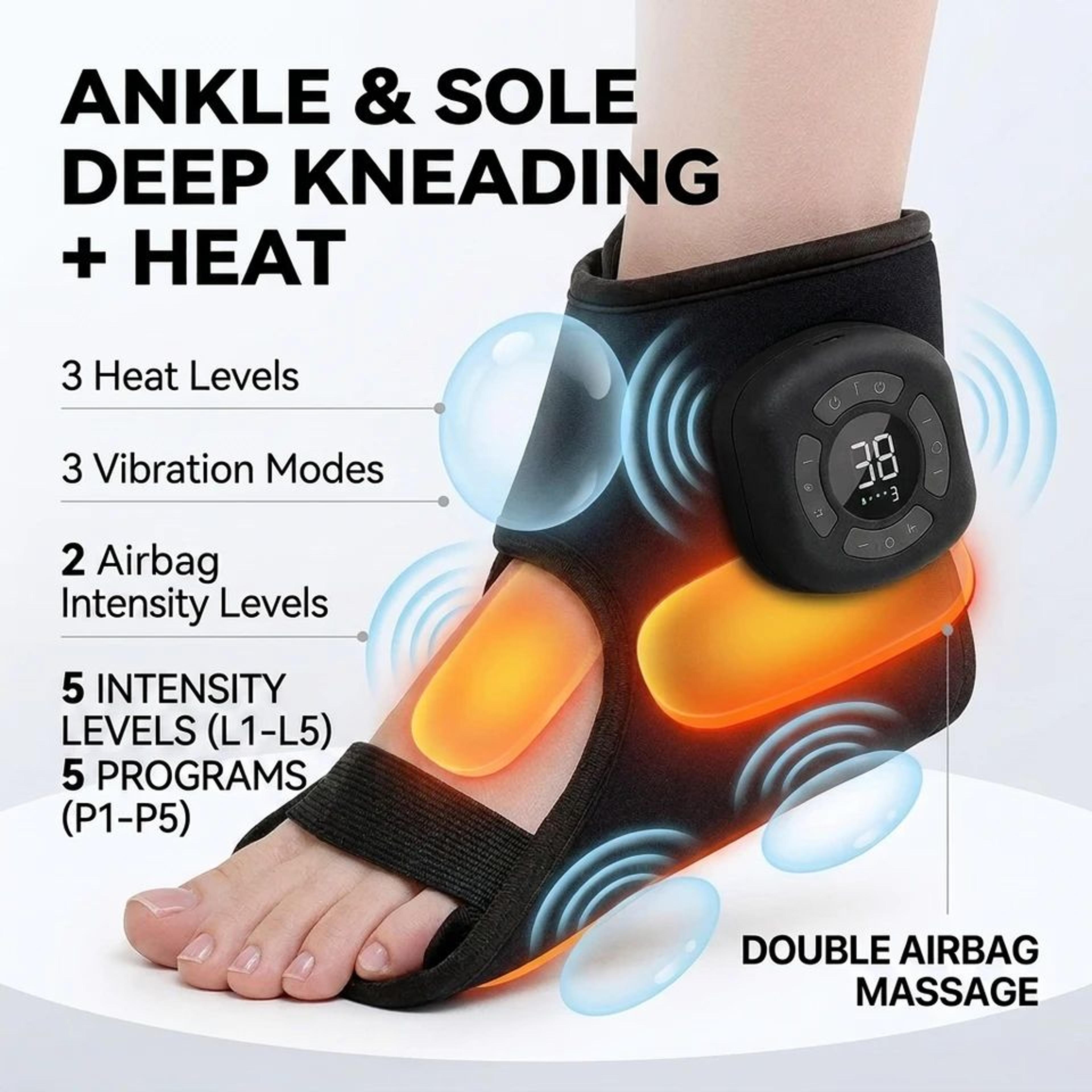 cordless ankle foot air massager with heat & vibration – rechargeable compression wrap support sleeve 1200mah battery