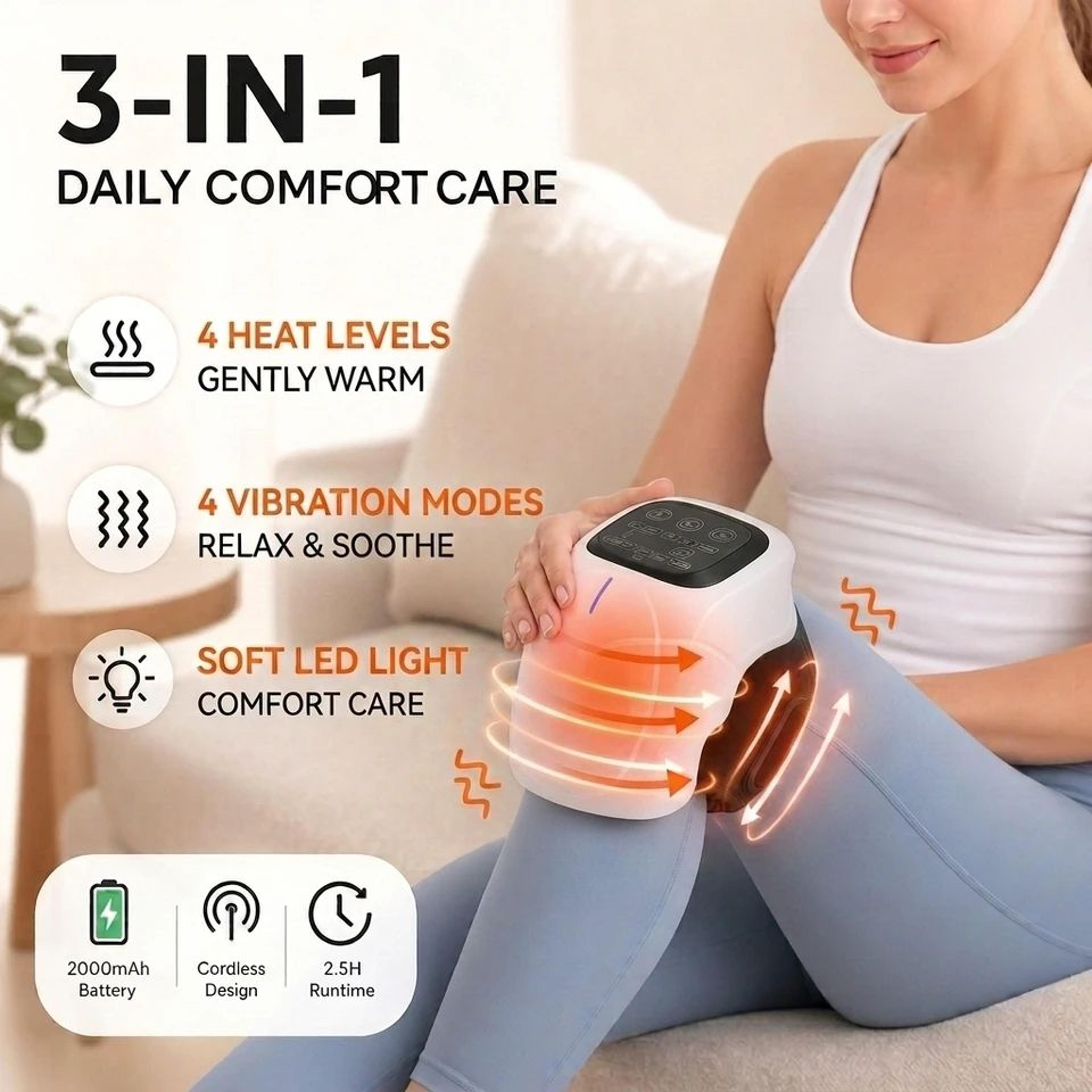 cordless heated knee massager with vibration & infrared therapy – rechargeable joint support wrap with led display