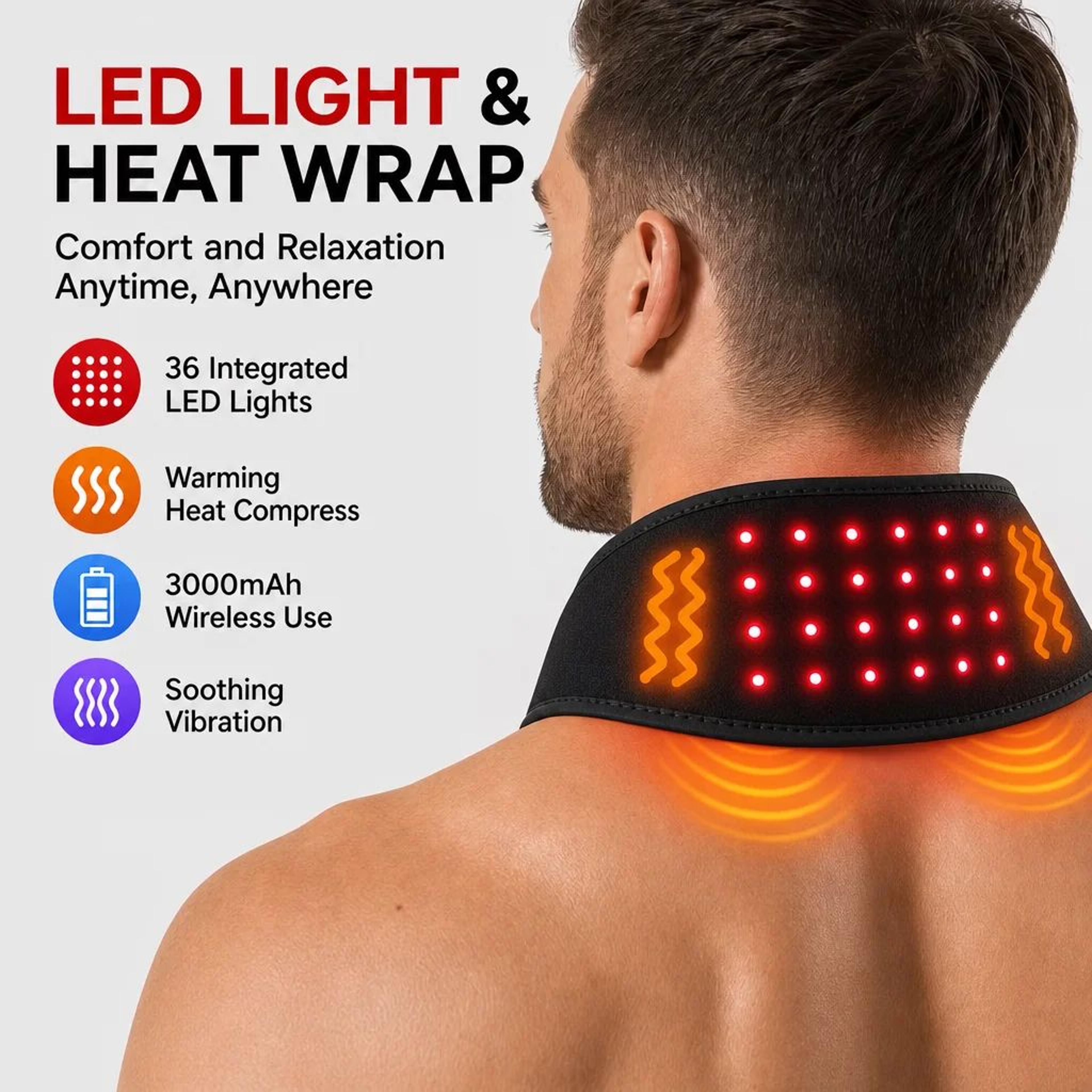 cordless led light therapy neck heating belt with vibration – 660nm & 850nm rechargeable neck wrap for pain relief