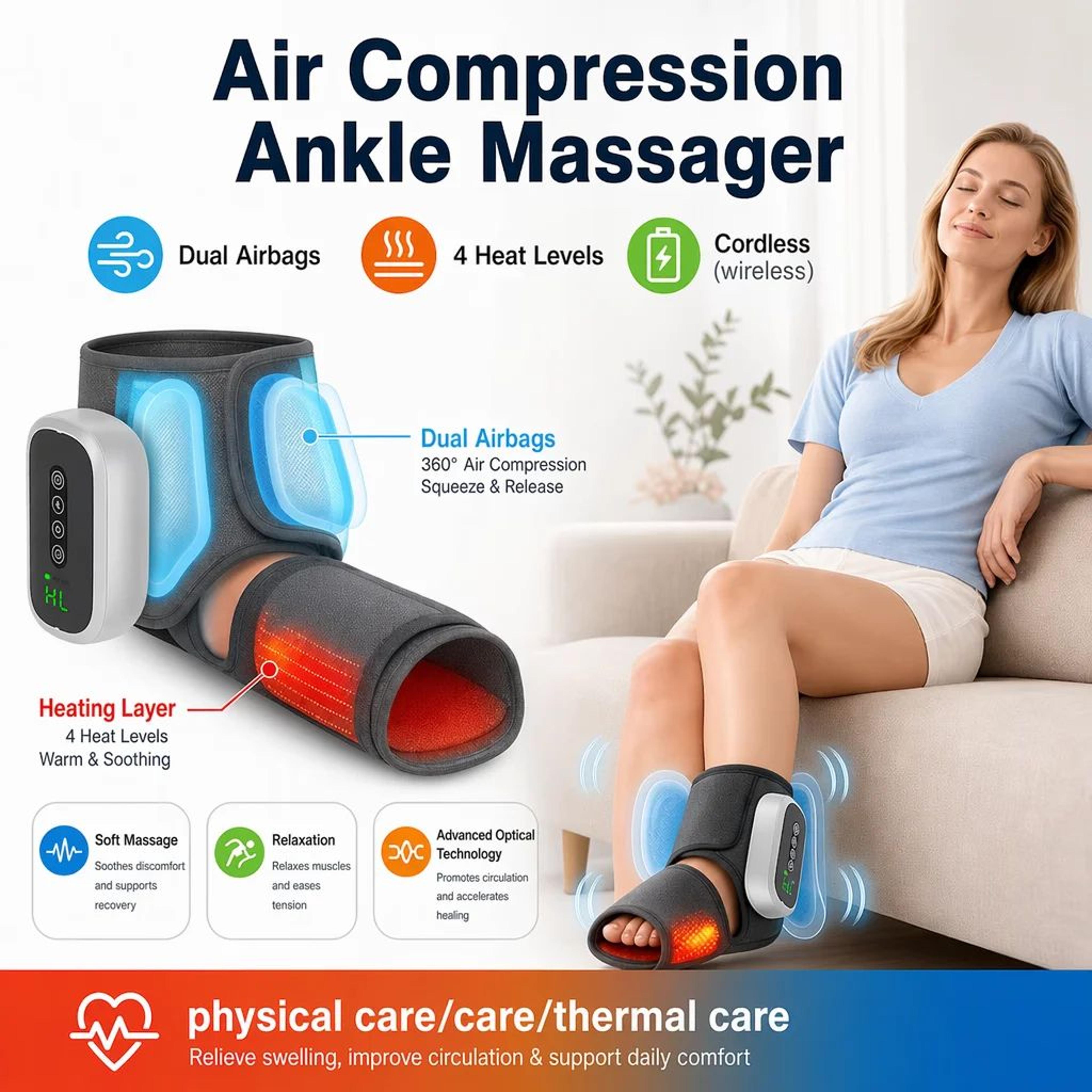 cordless heated ankle air compression massager – rechargeable foot & ankle wrap with 4 heat levels & 3 massage modes