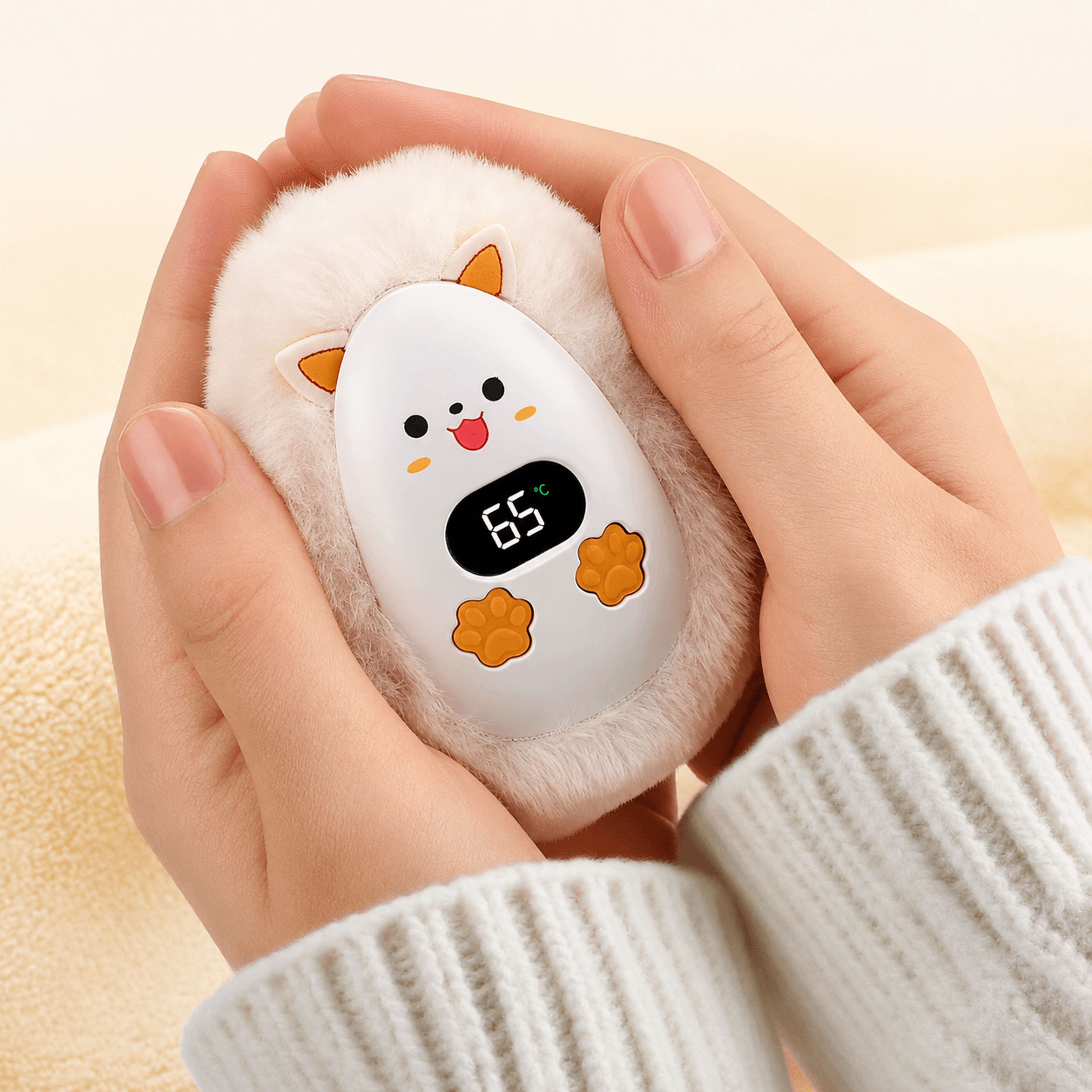 mini plush fox hand warmer with digital display – portable rechargeable pocket heater with 3 heat levels & usb-c
