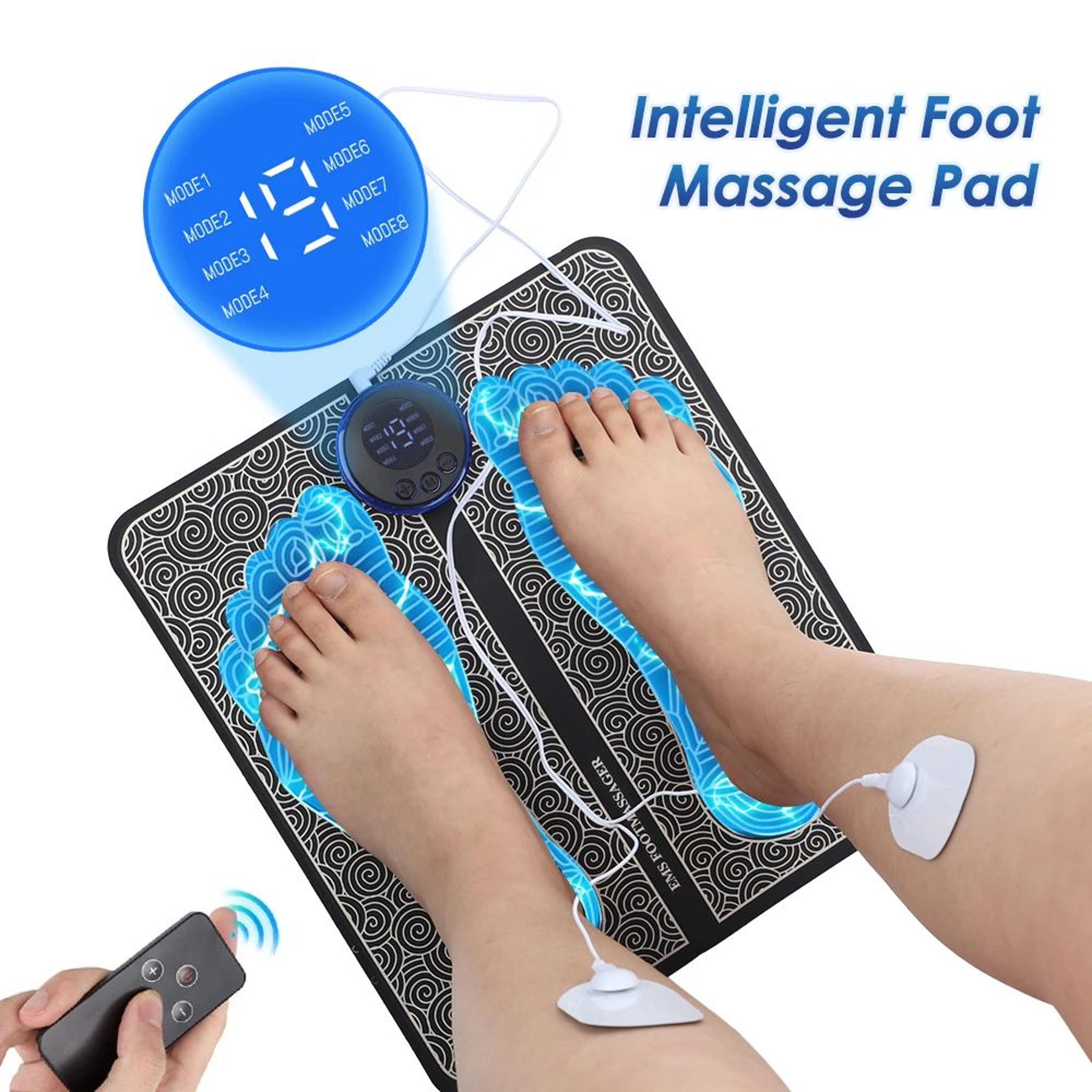 electric ems foot massager with rf remote control – tens foot massage pad with 8 modes, 19 intensity levels & body patch