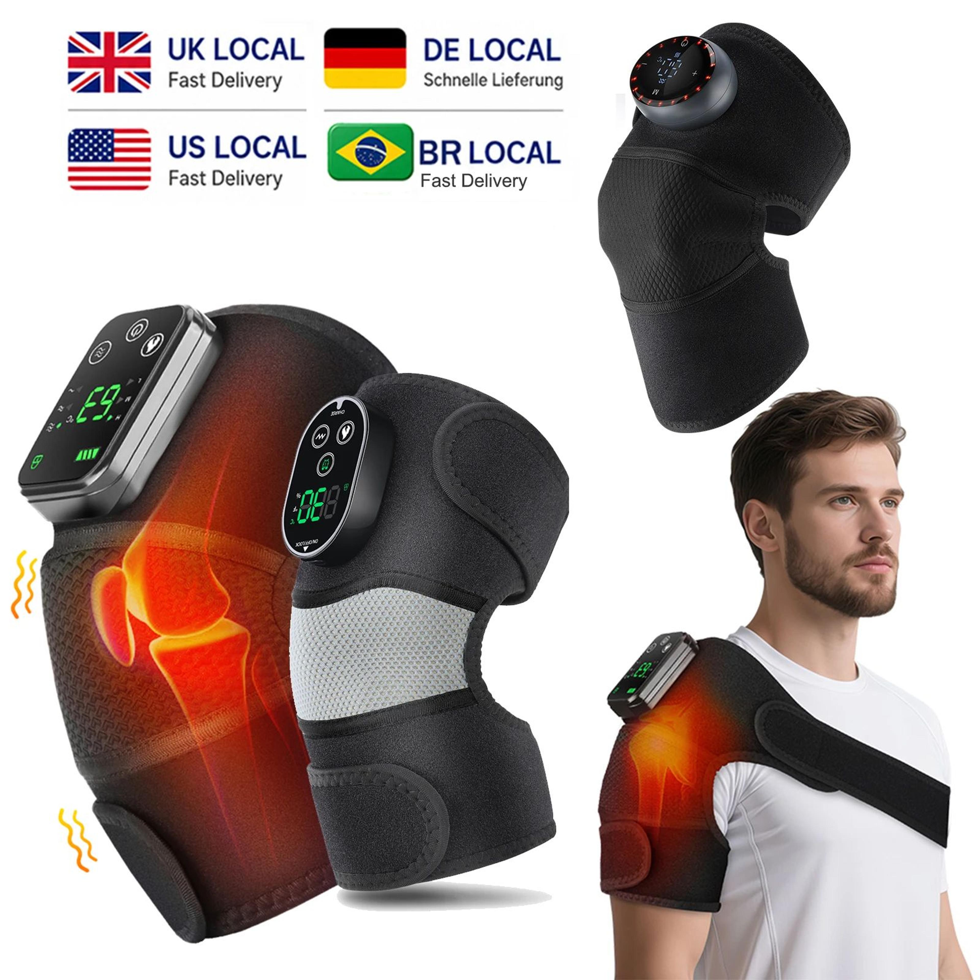 cordless heated vibration knee massager with rechargeable battery – 3-in-1 knee shoulder elbow support brace
