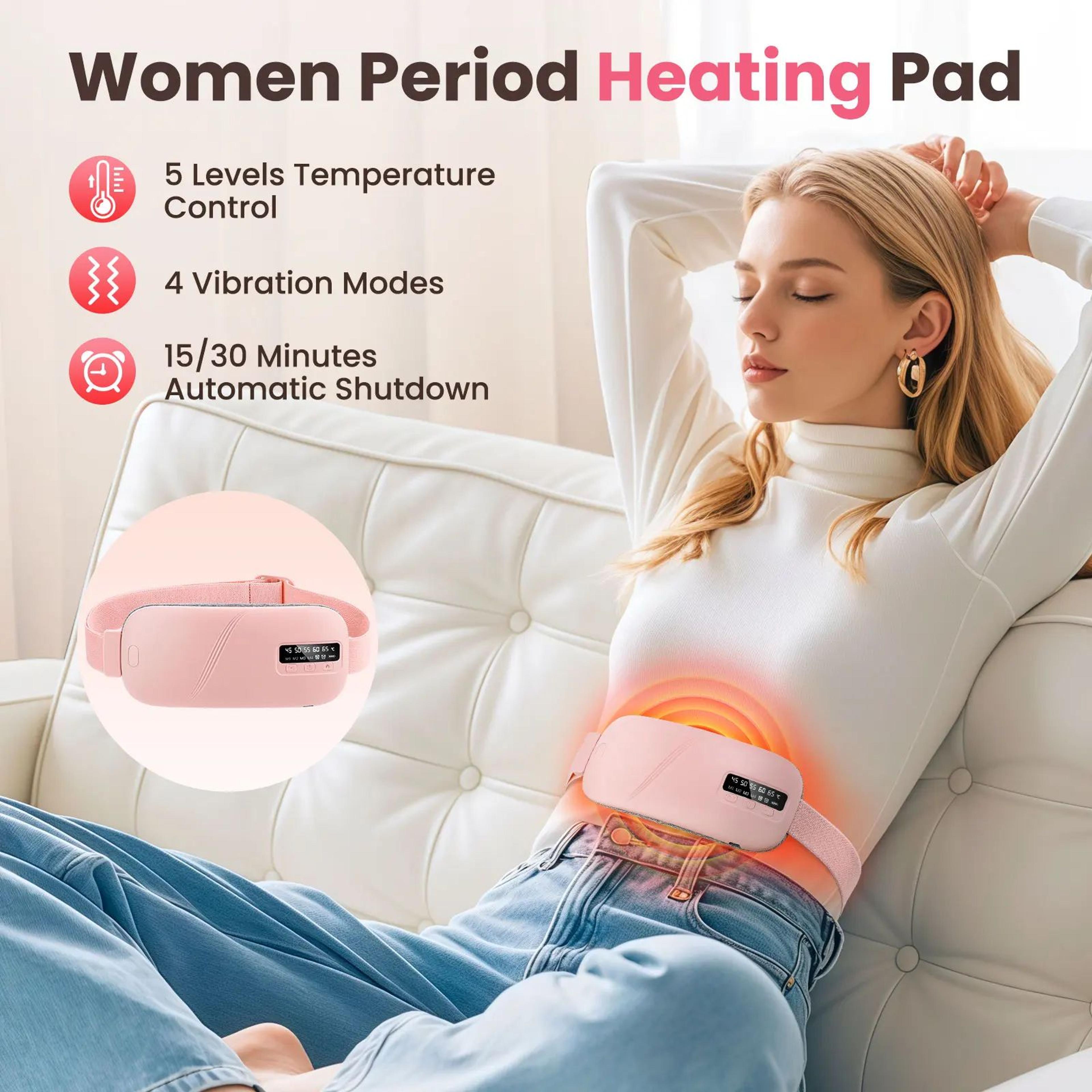 cordless electric menstrual heating pad with vibration massage – portable period cramp relief belt for women