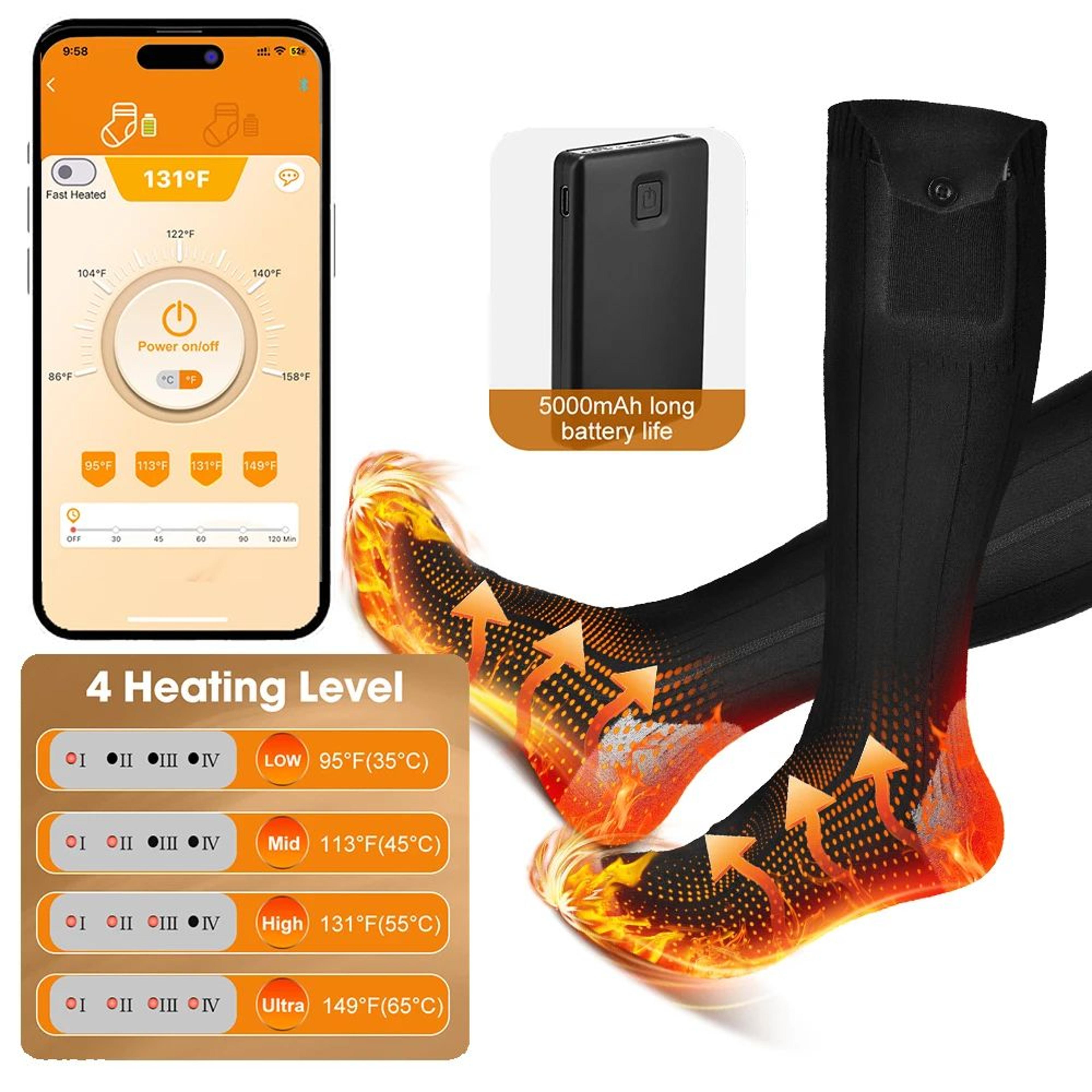 5000mah rechargeable electric heated socks with app & remote control – thermal foot warmers for hiking, skiing & winter