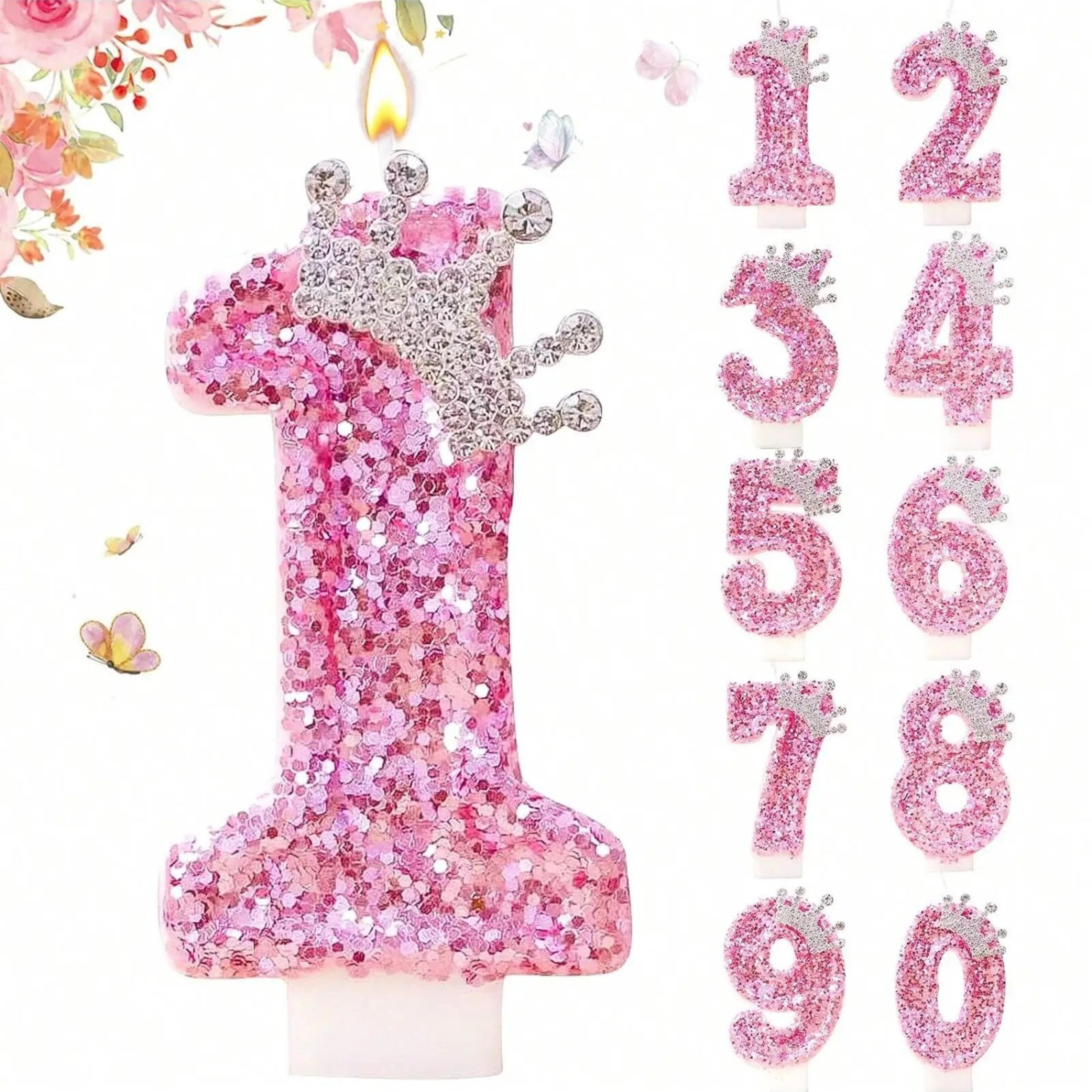 pink princess crown number birthday cake candle – creative glitter numeral candle party cake decoration for girls