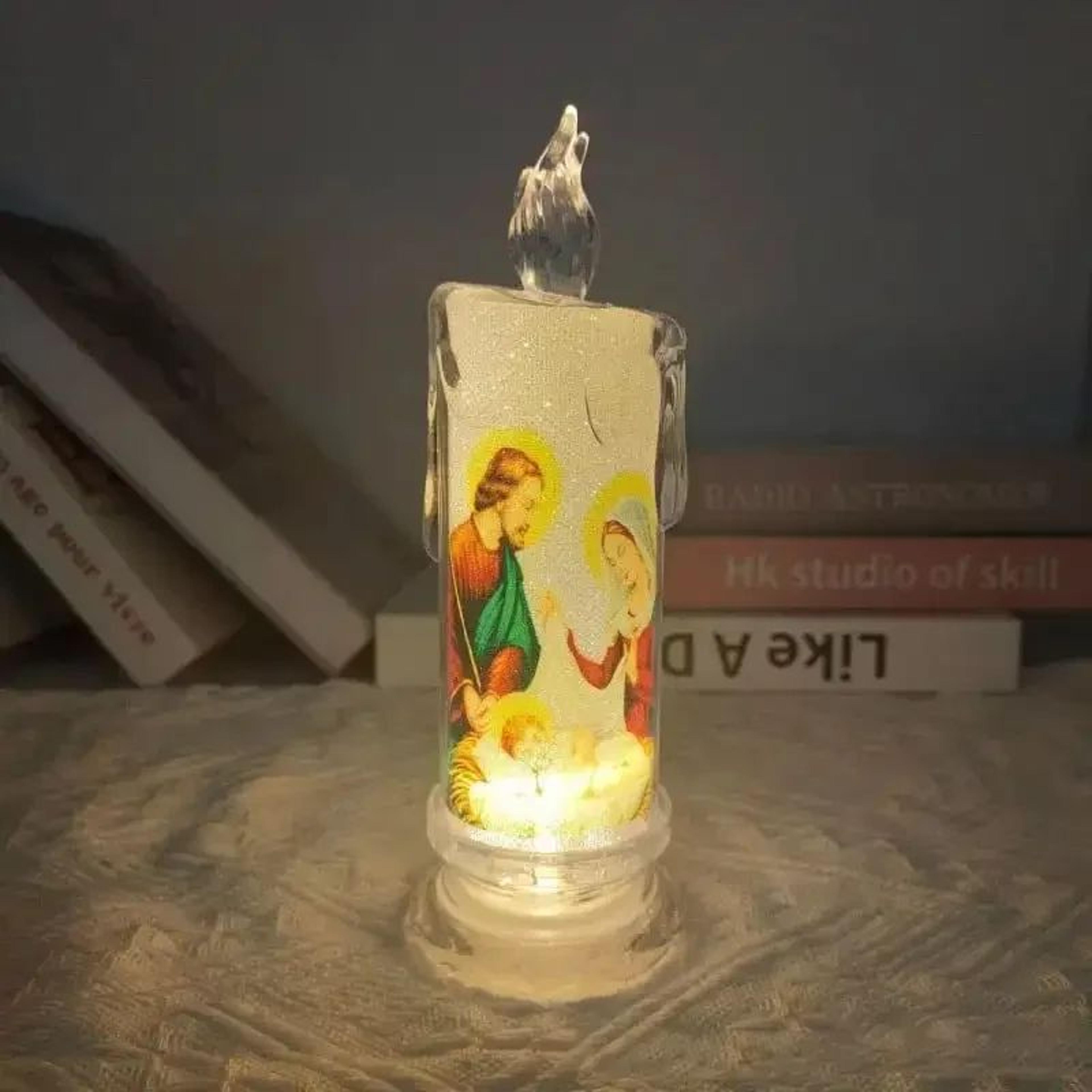 led prayer flameless religious candle with jesus & saints – battery operated electronic devotional light for christmas