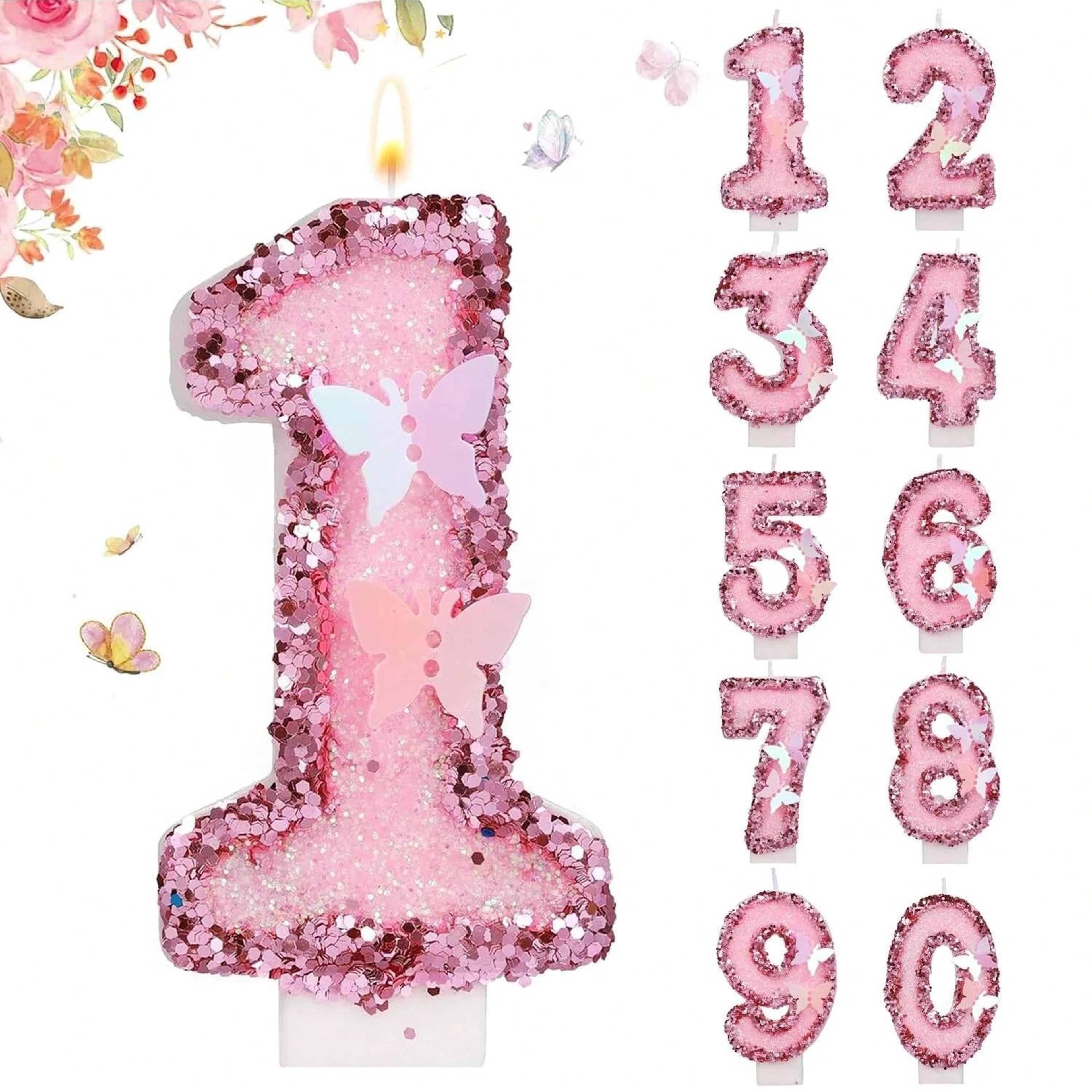 pink butterfly number birthday candle with sequin happy birthday topper – handmade glitter cake decoration for party