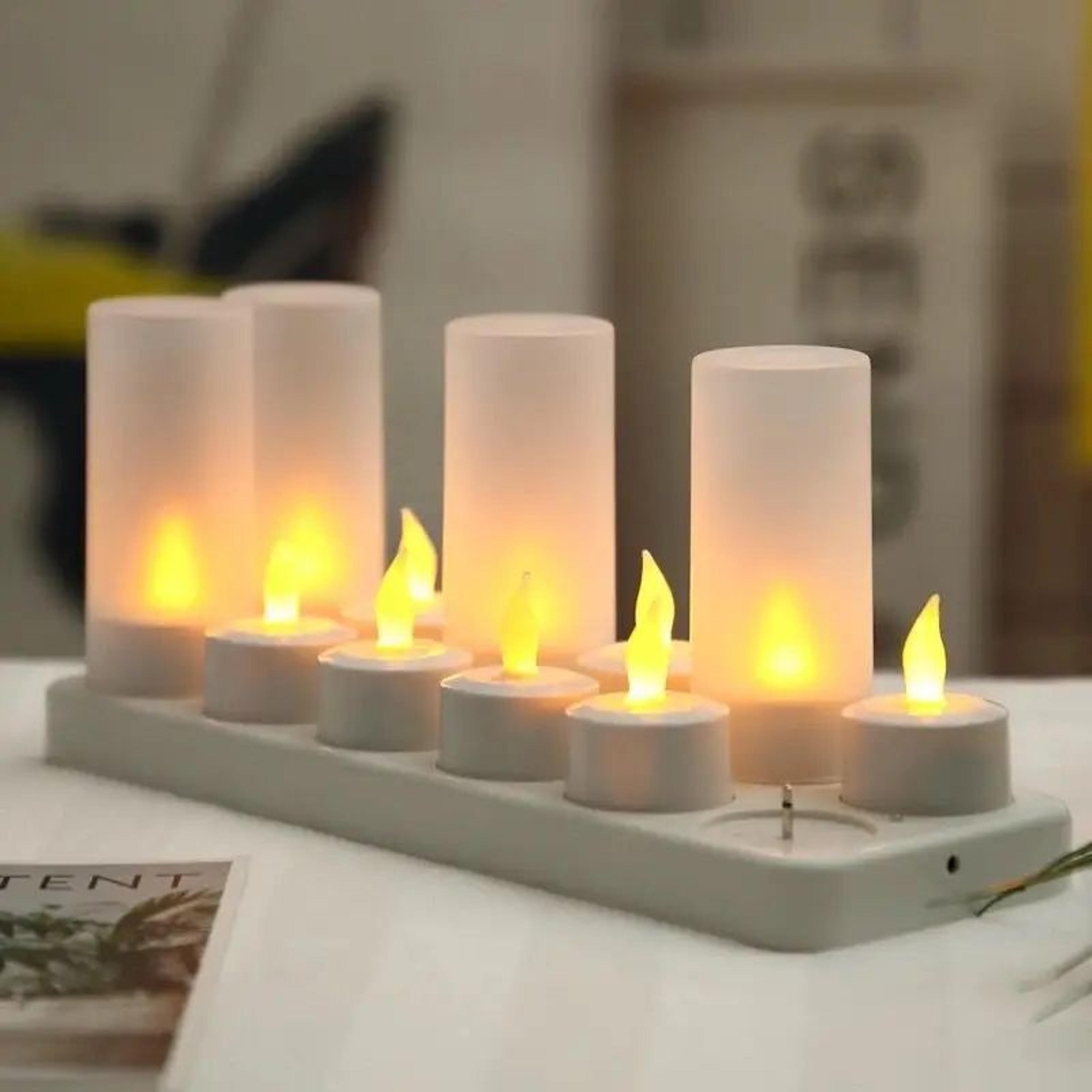 12pcs rechargeable flameless led tea light candles with charging dock – flickering battery-free decorative candle set