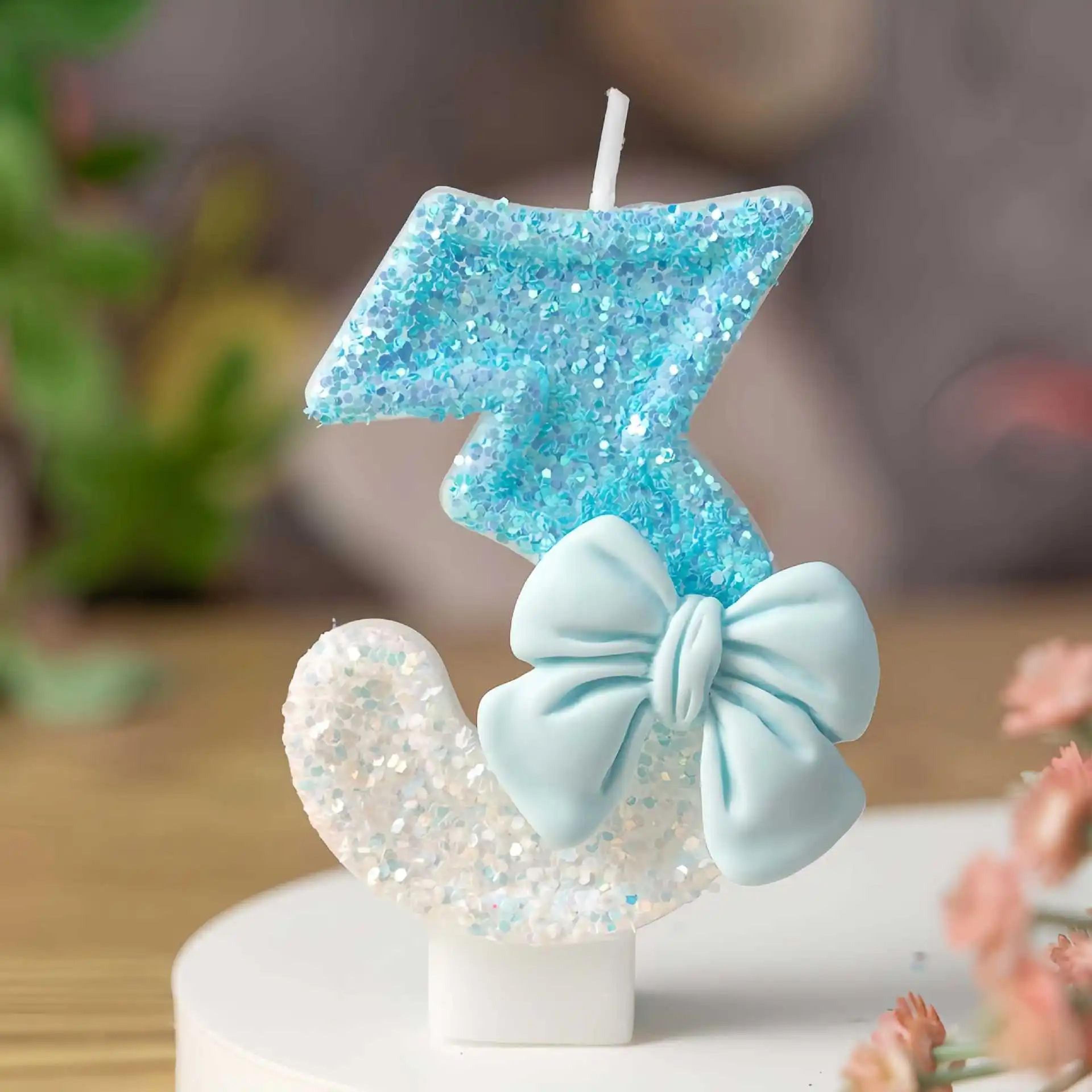 blue bow number birthday candle – cute cake topper for kids birthday, baby shower & party decorations