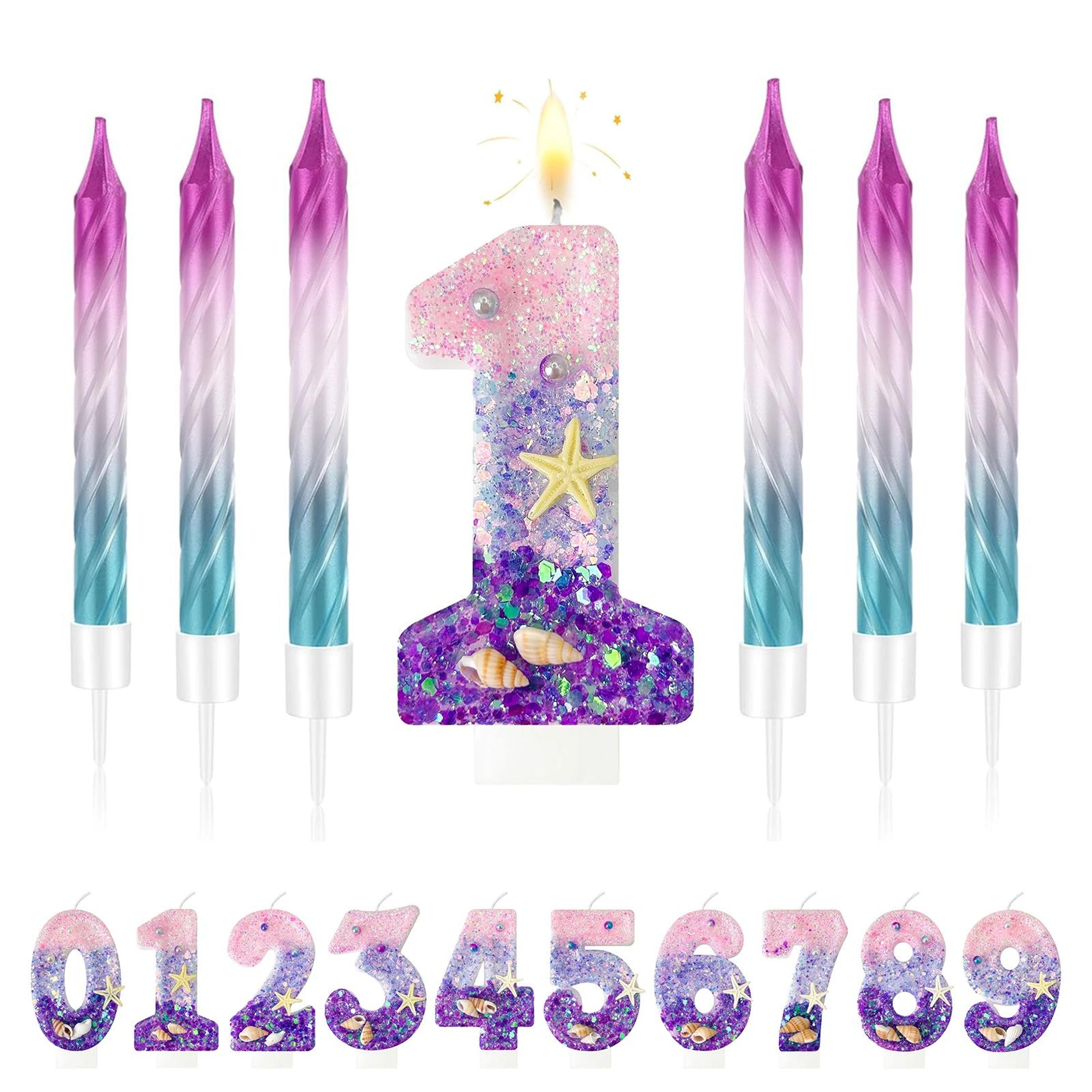 7pcs purple mermaid number cake candles 0–9 – birthday cake topper decorations for girls' parties