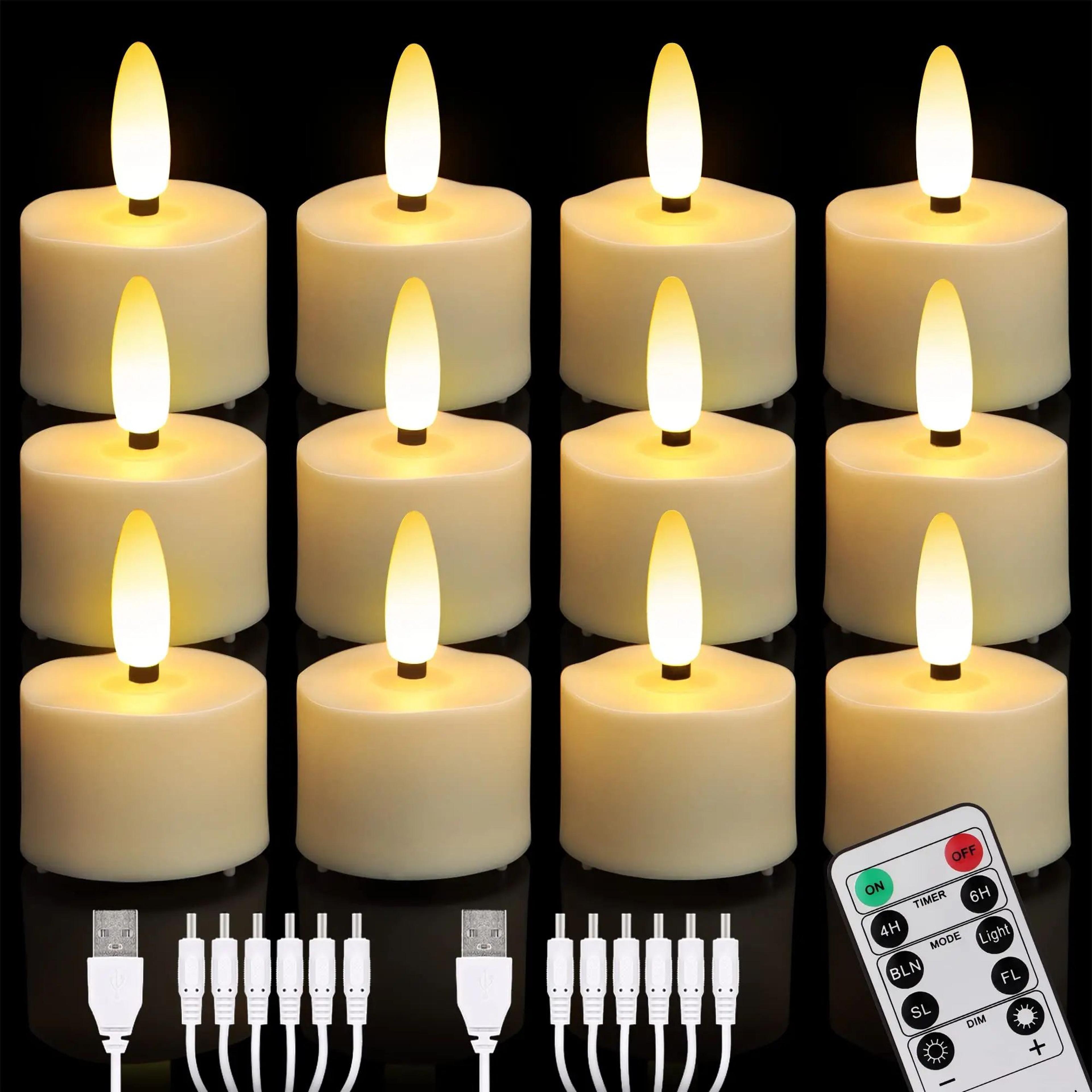 12pcs rechargeable led flameless candles with remote & timer – usb charging flickering warm white lights