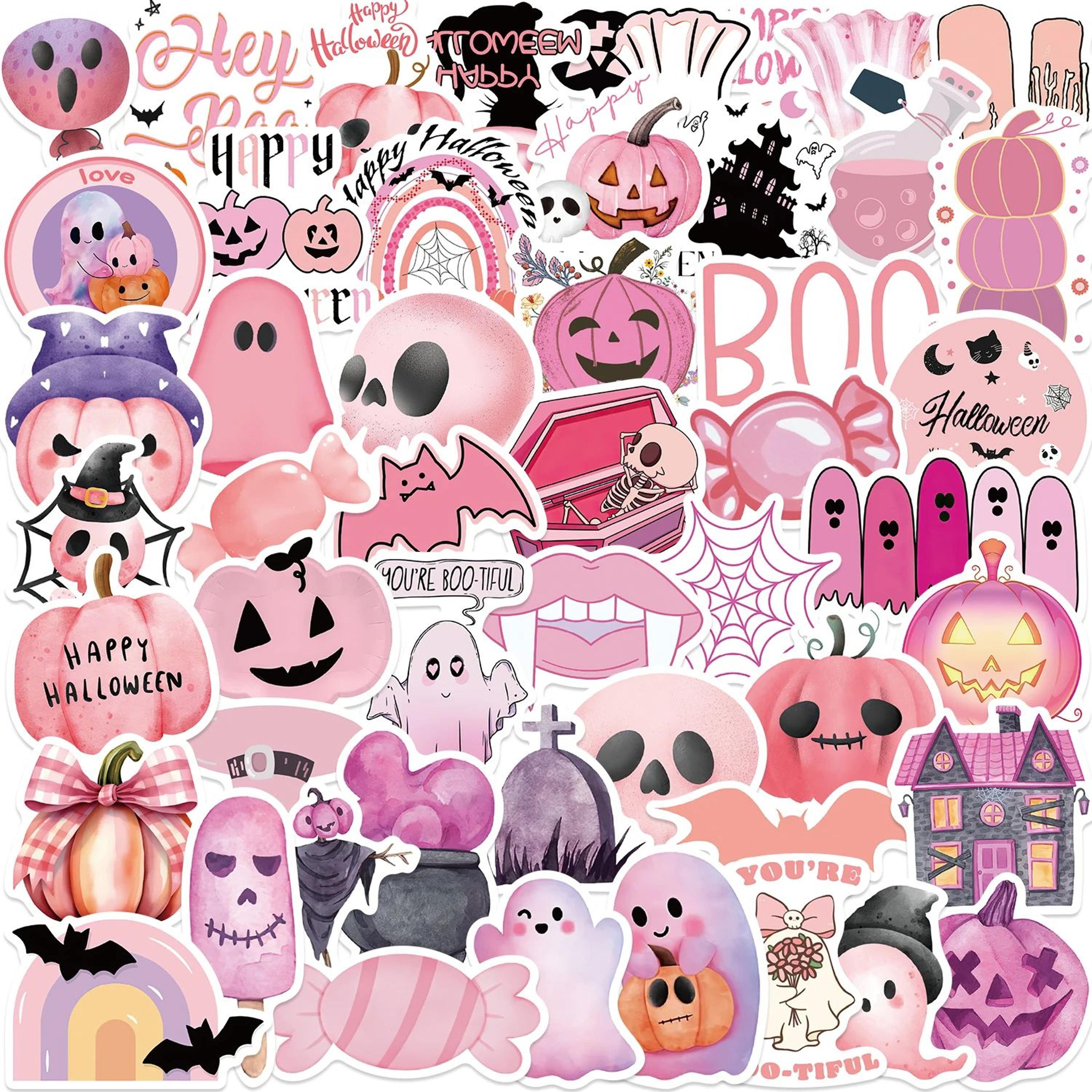 50pcs kawaii pink halloween stickers – cute ghost, skull & pumpkin waterproof vinyl decals