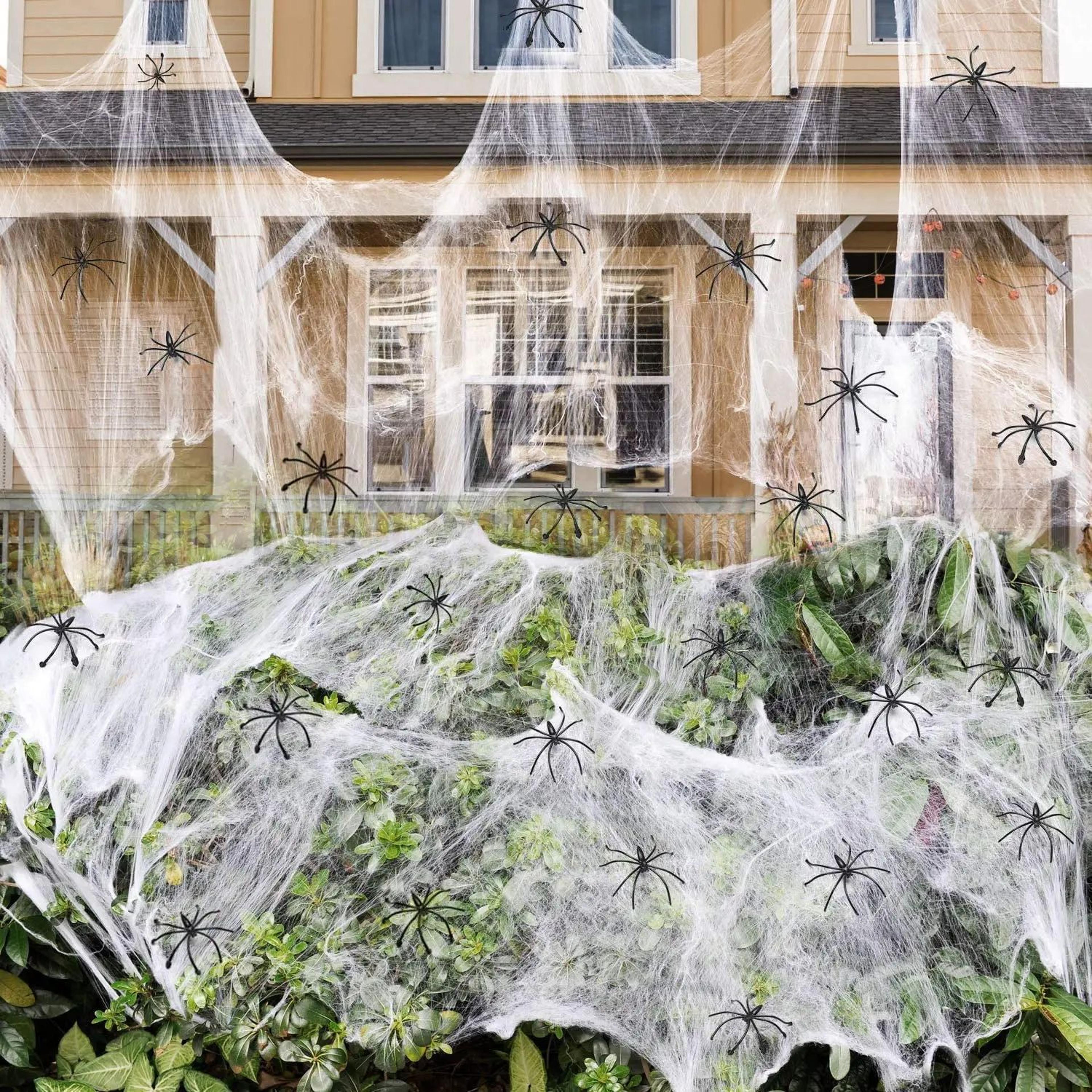 artificial stretchable spider web with 2 spiders – halloween cobweb party decoration for haunted house & home