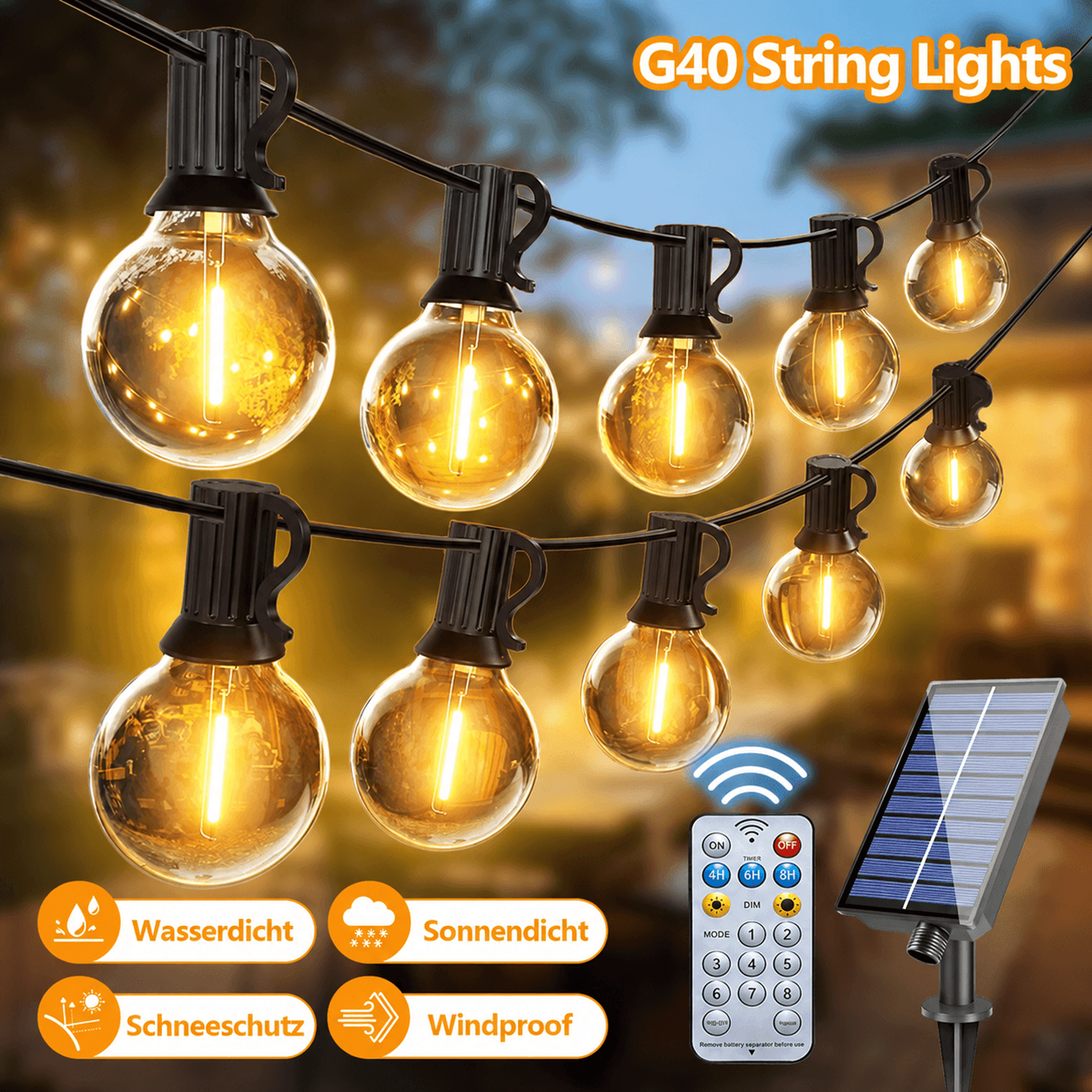 solar g40 led string lights with remote – dimmable shatterproof outdoor patio & garden lights