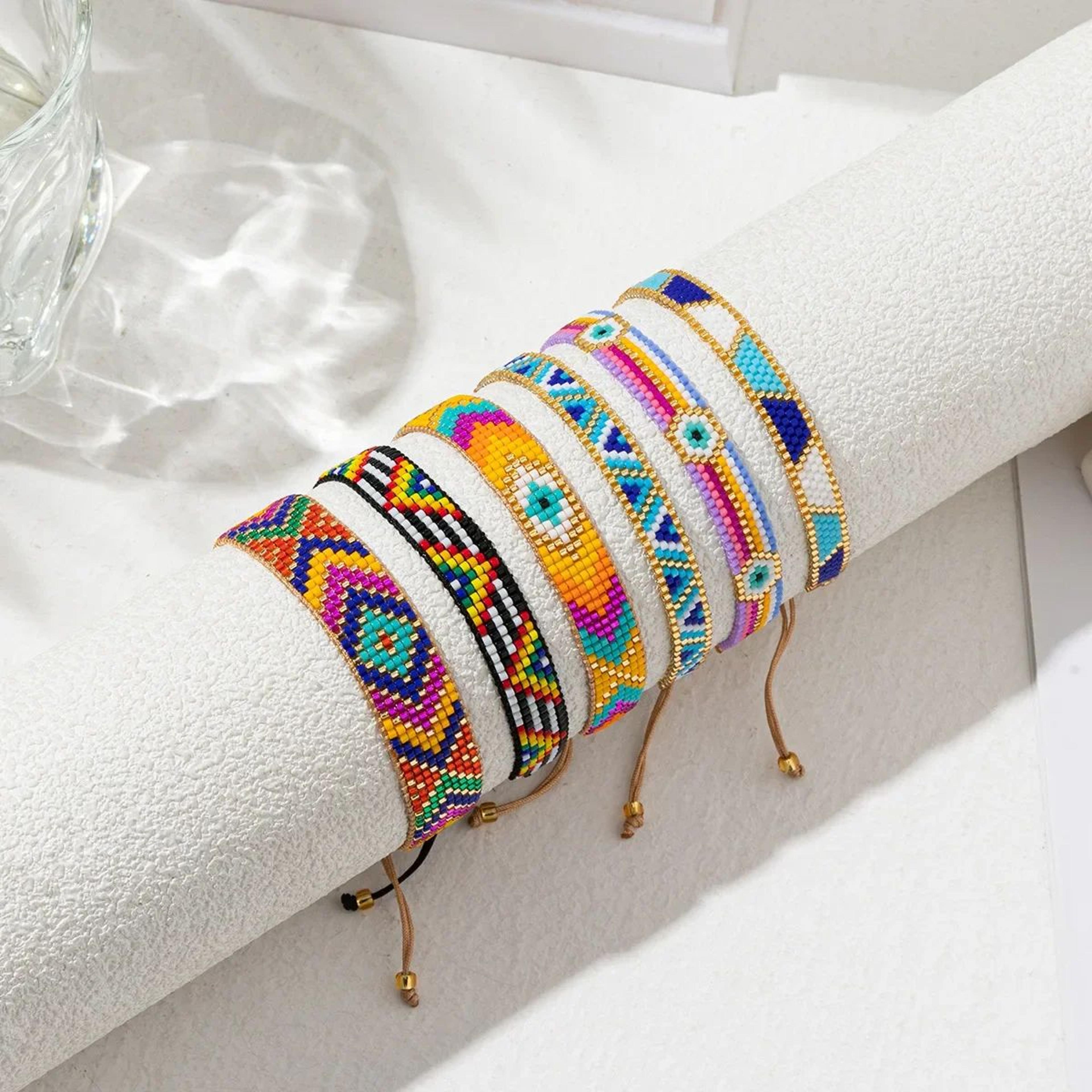 bohemian multicolor glass beaded bracelet – adjustable handwoven rice bead bracelet with geometric alloy charm