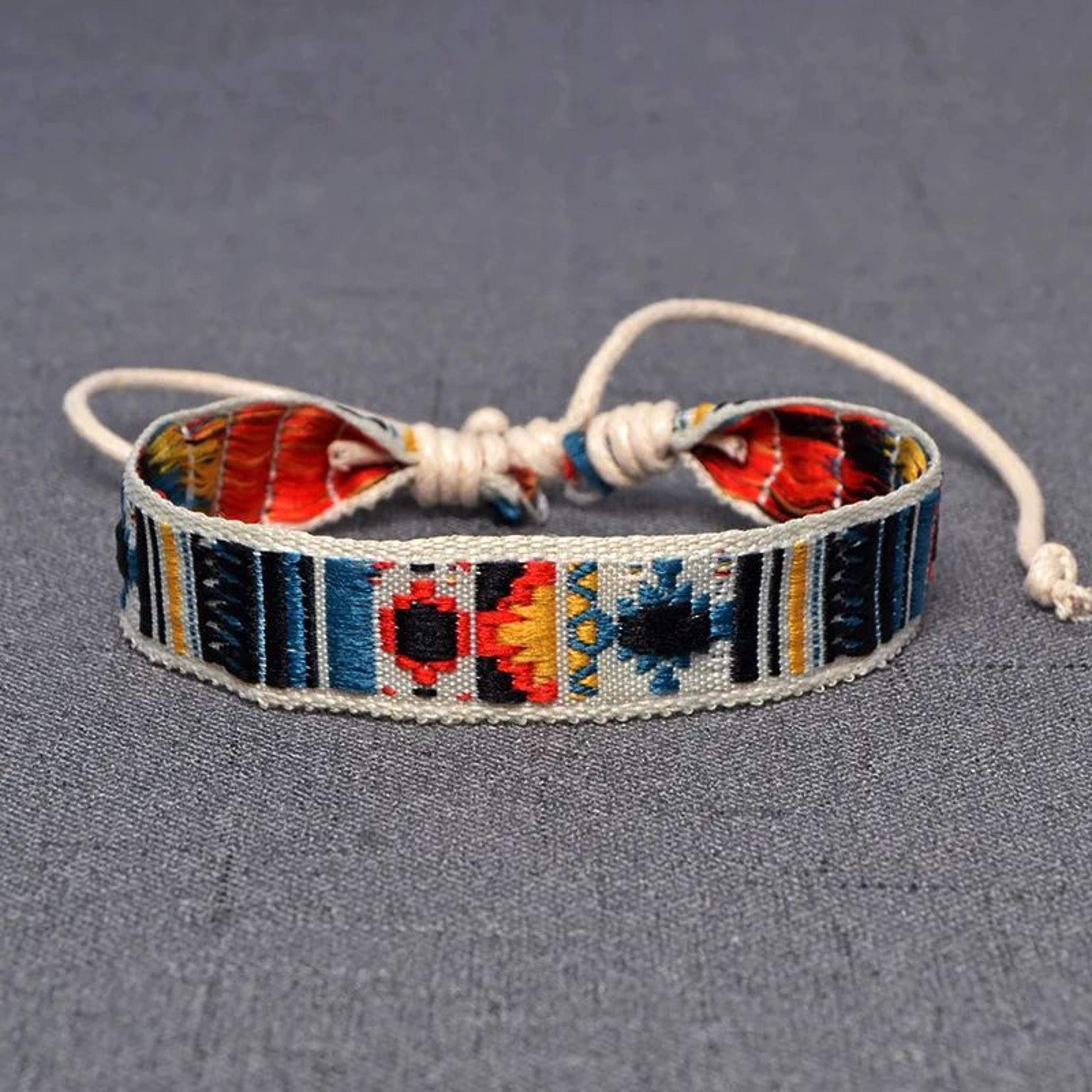 boho handmade cotton linen friendship bracelet – ethnic embroidered rope wrap bracelet for women
