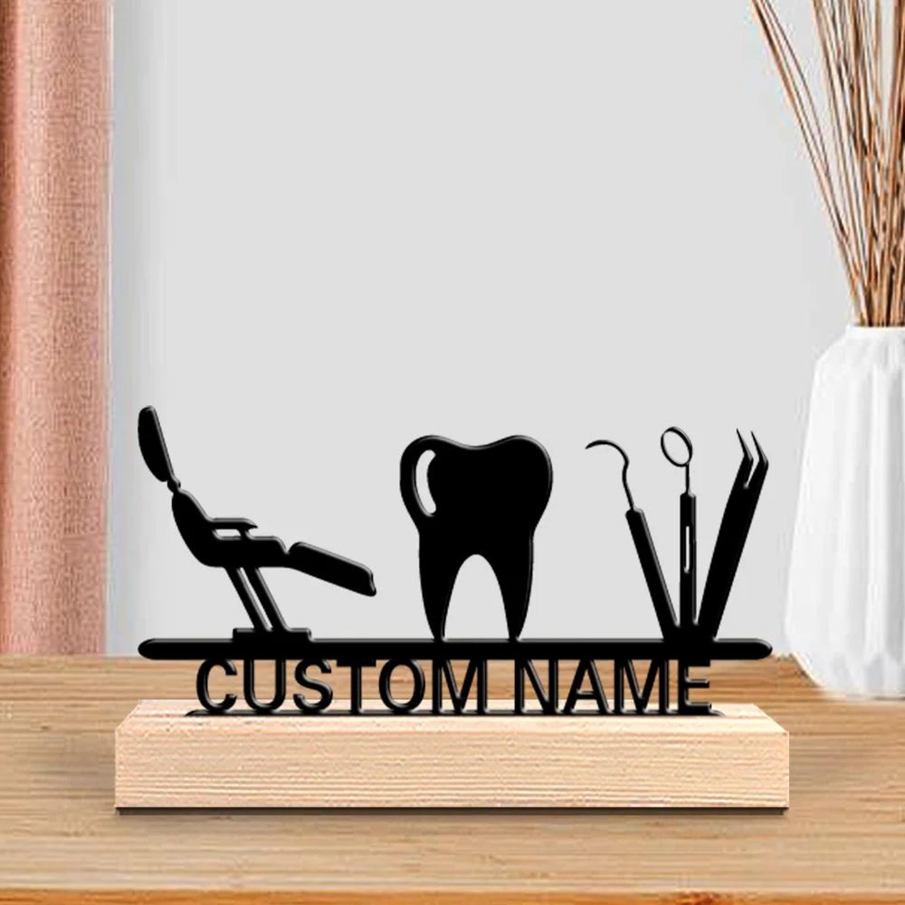 personalized dentist metal art sculpture with wooden base – custom dental desk decor gift