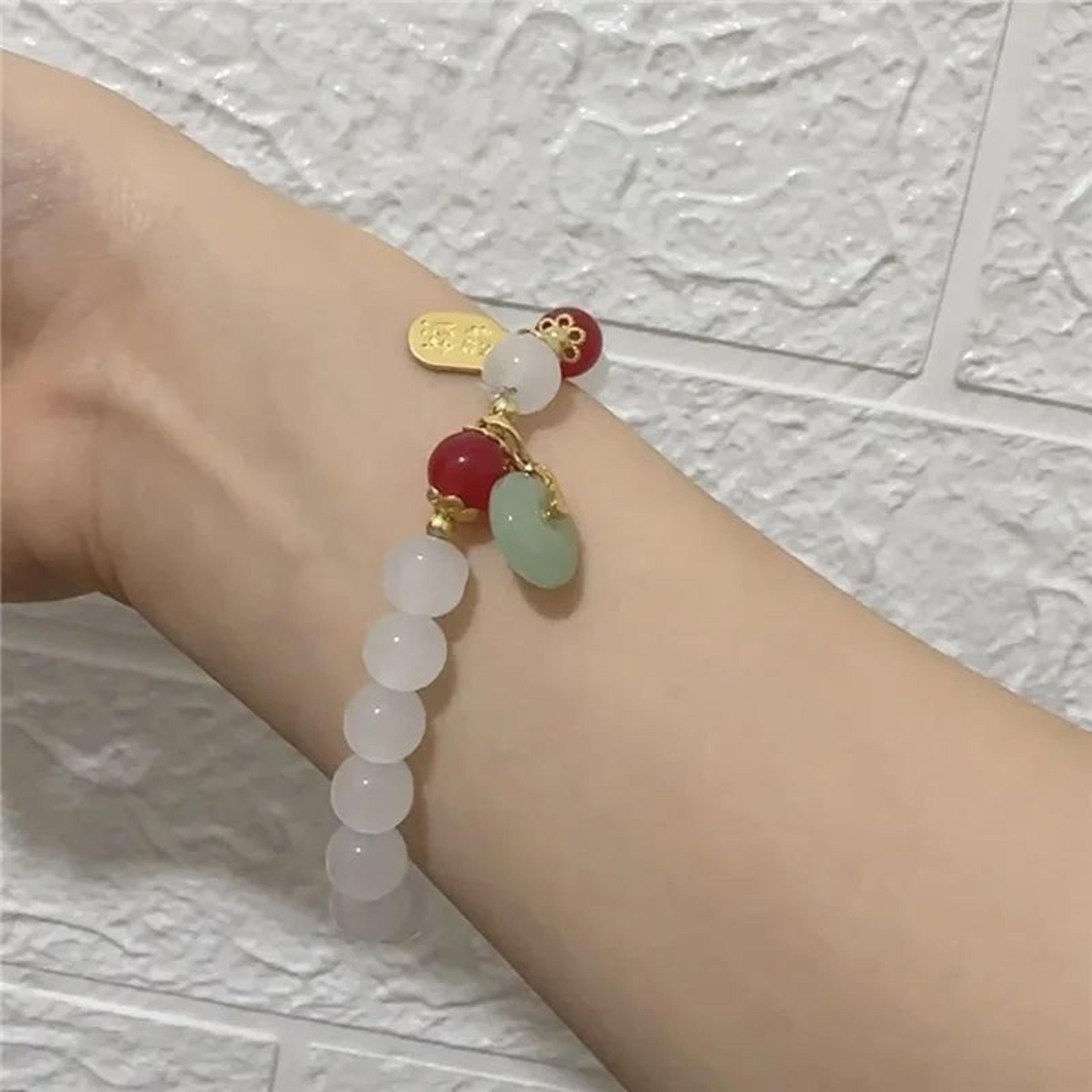 handmade good luck beaded bracelet – imitation jade ping an buckle lucky amulet stretch bracelet for women & men