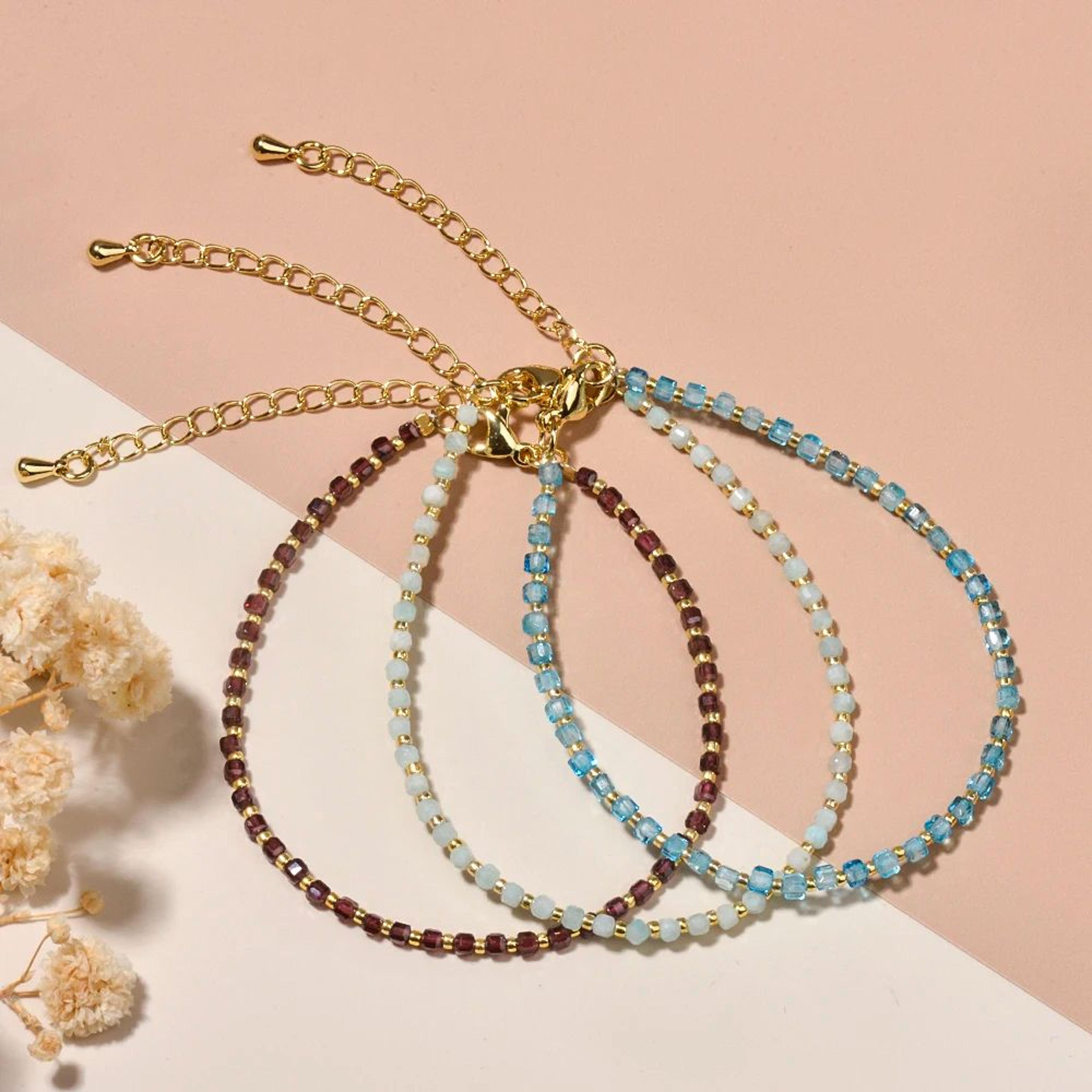 2mm natural stone beaded bracelet – faceted cube seed beads with brass clasp for women daily jewelry