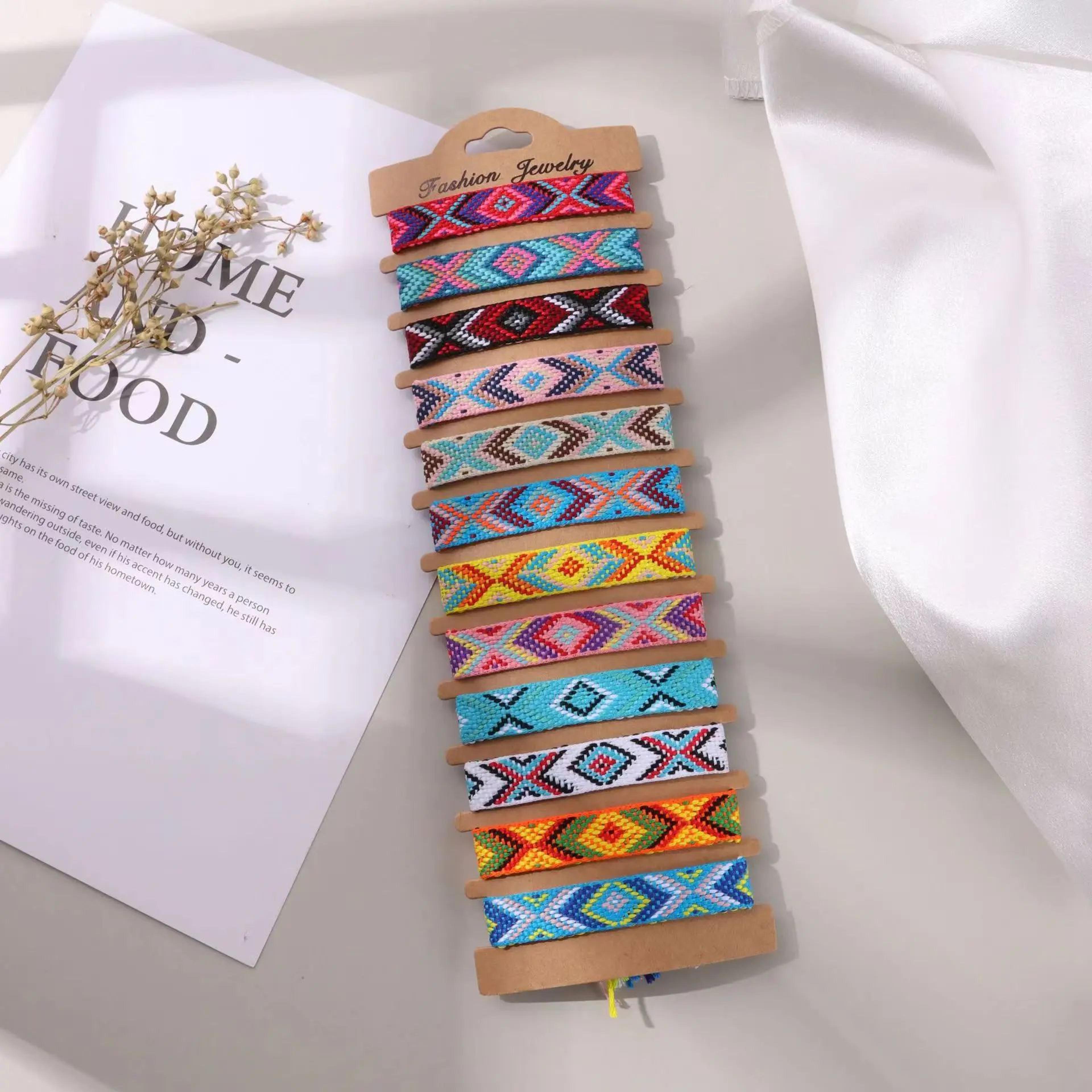 12pcs retro bohemian striped woven bracelet set – adjustable cotton friendship bracelets for women & men