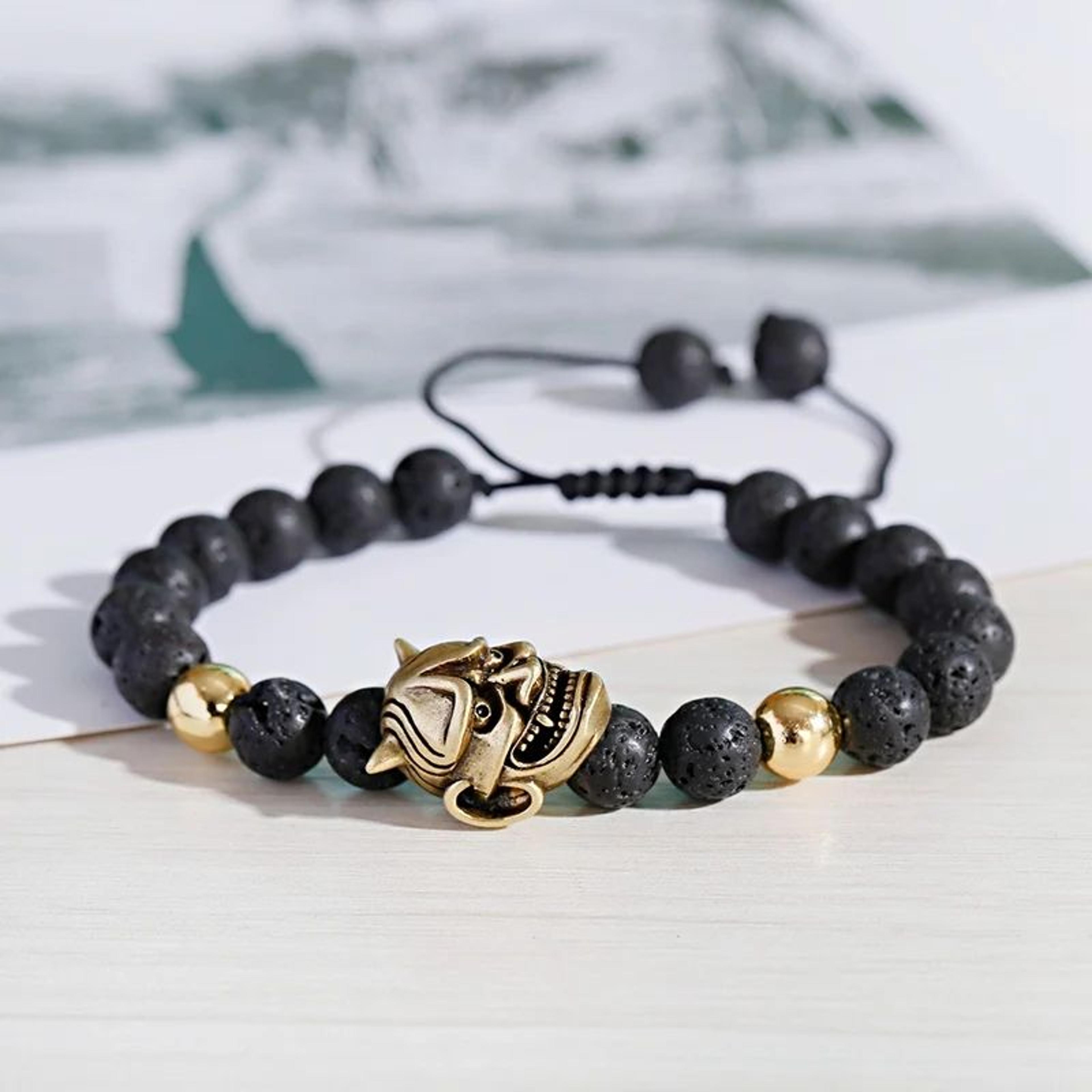 classic lava stone beaded bracelet – demon skull braided rope bracelet for men