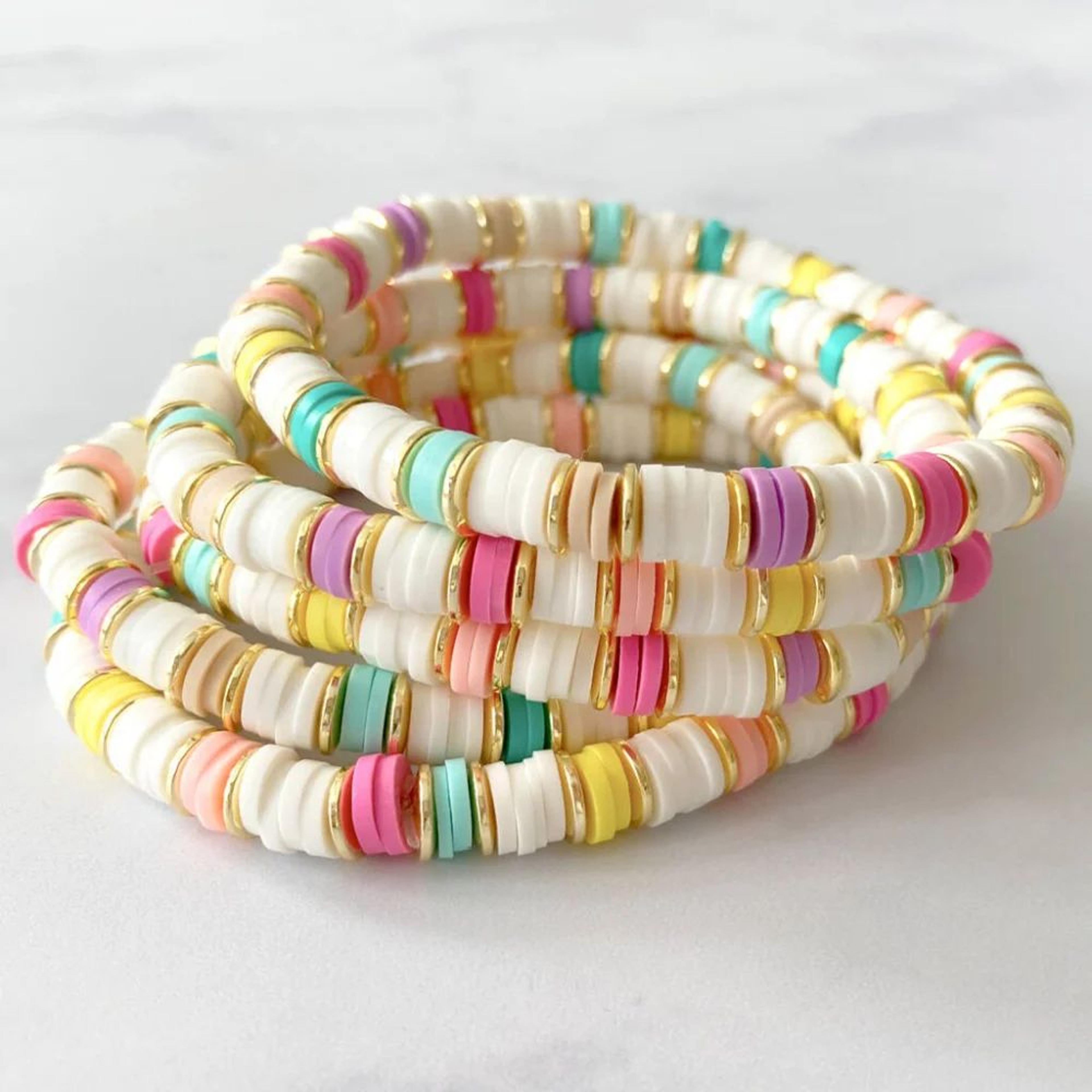 herlook colorful heishi beaded bracelet – boho stretch surf bracelet with gold-plated spacer beads for women