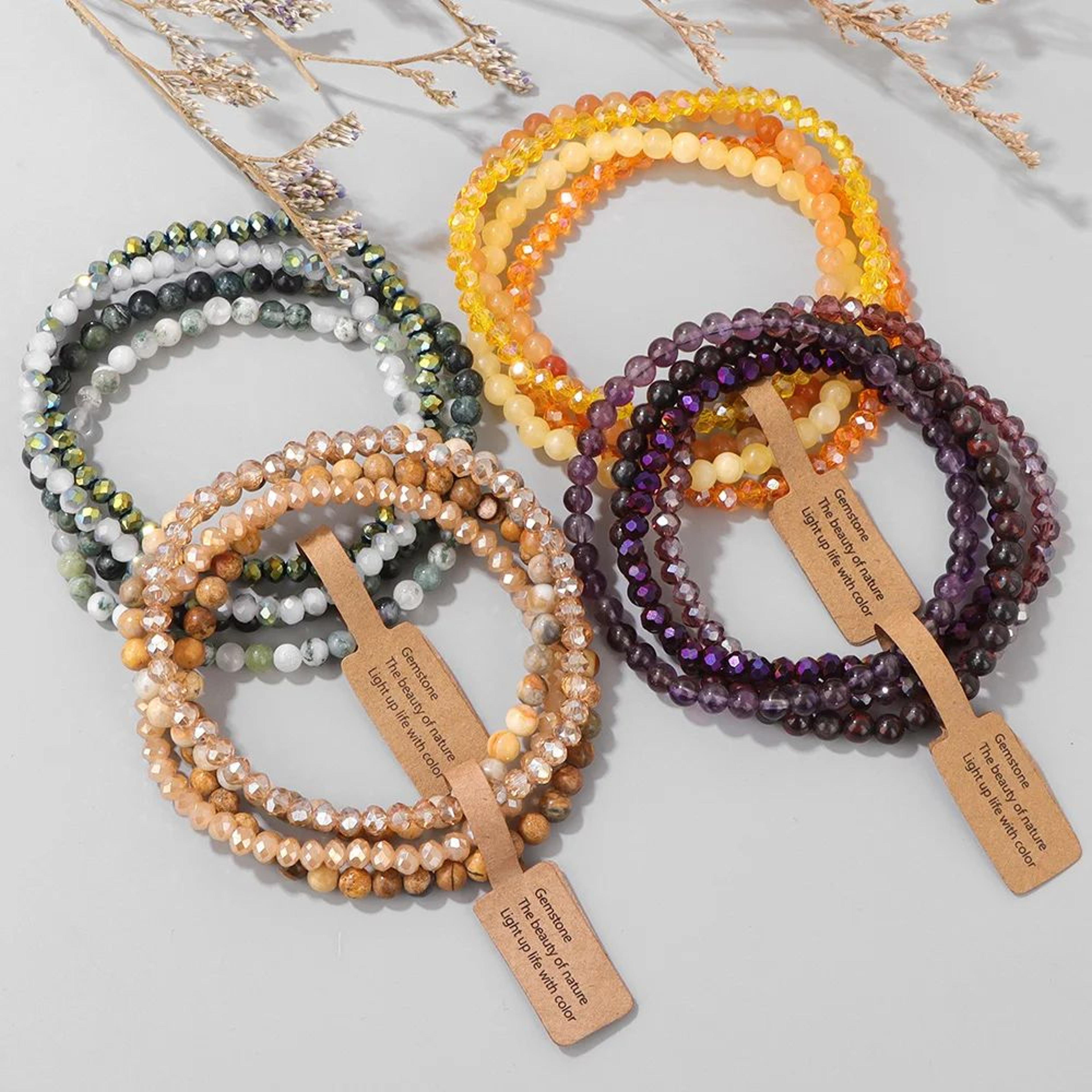 4-layer natural stone glass bead bracelet set – 4 mm stretch multi-layer stackable bracelet for women