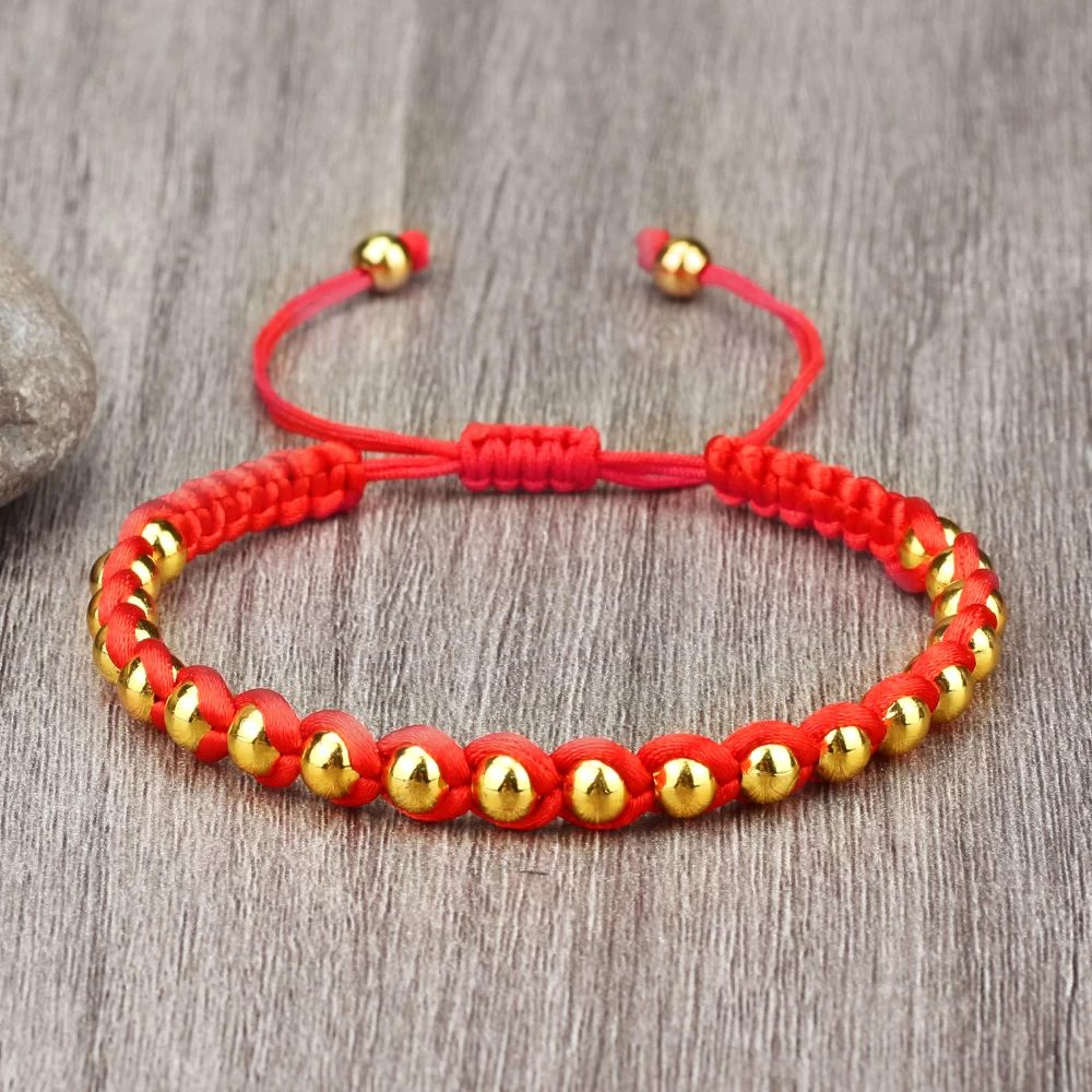 lucky red rope braided bracelet – adjustable copper bead wristband in gold & silver for women & men