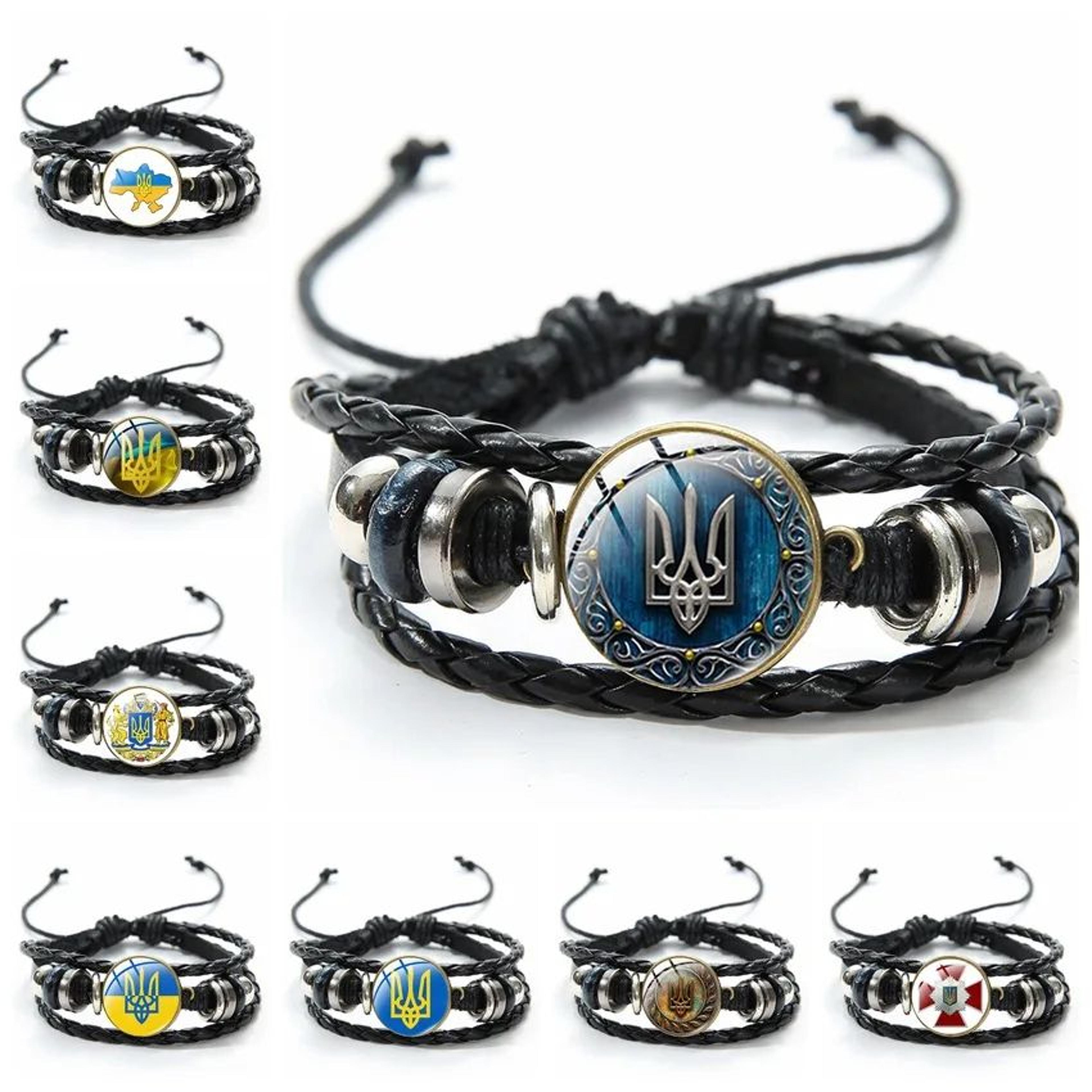 ukrainian flag glass pendant bracelet – handmade blue yellow trident beaded woven leather bracelet