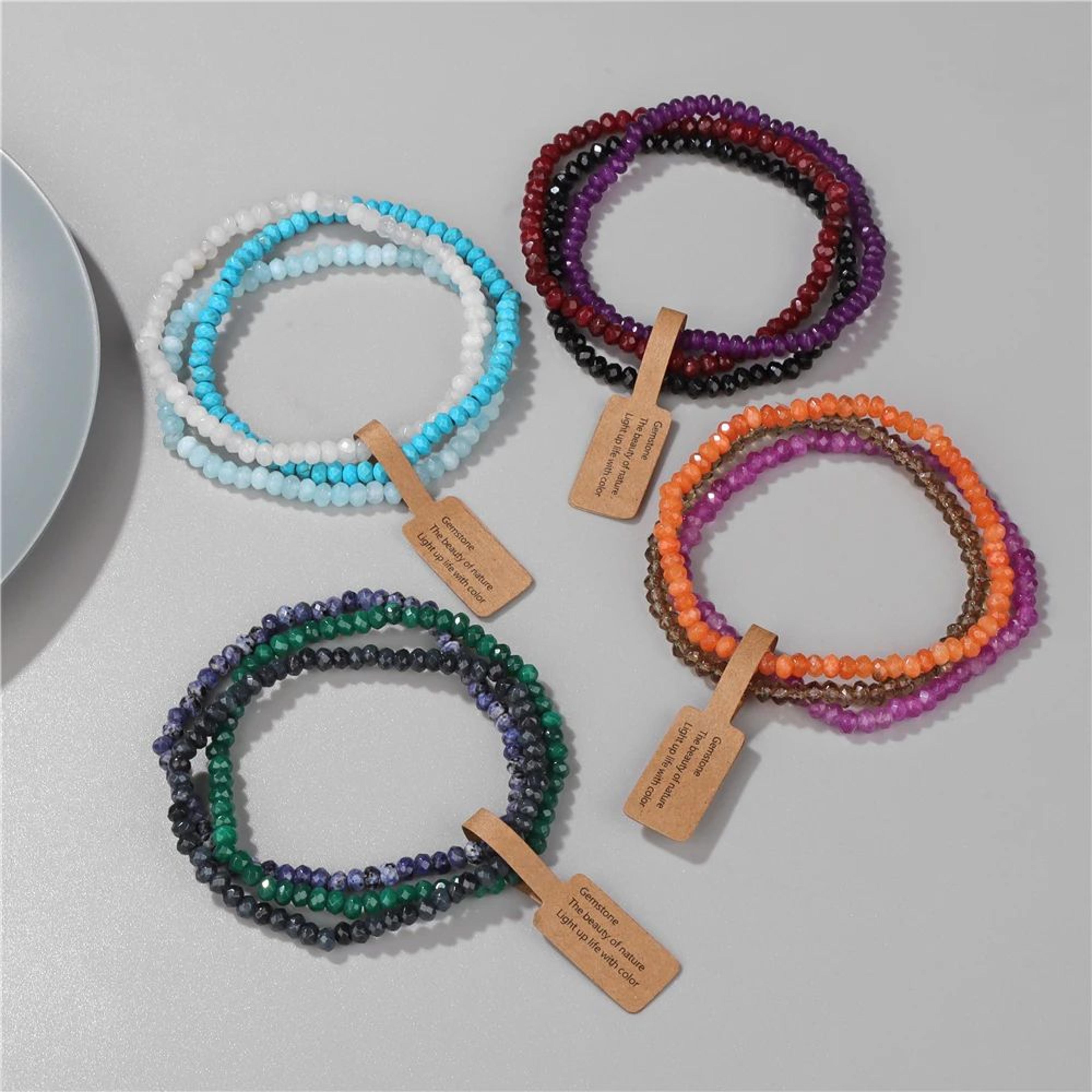 3pcs natural crystal beaded bracelets with wish card – faceted elastic healing stone bracelets for women & men