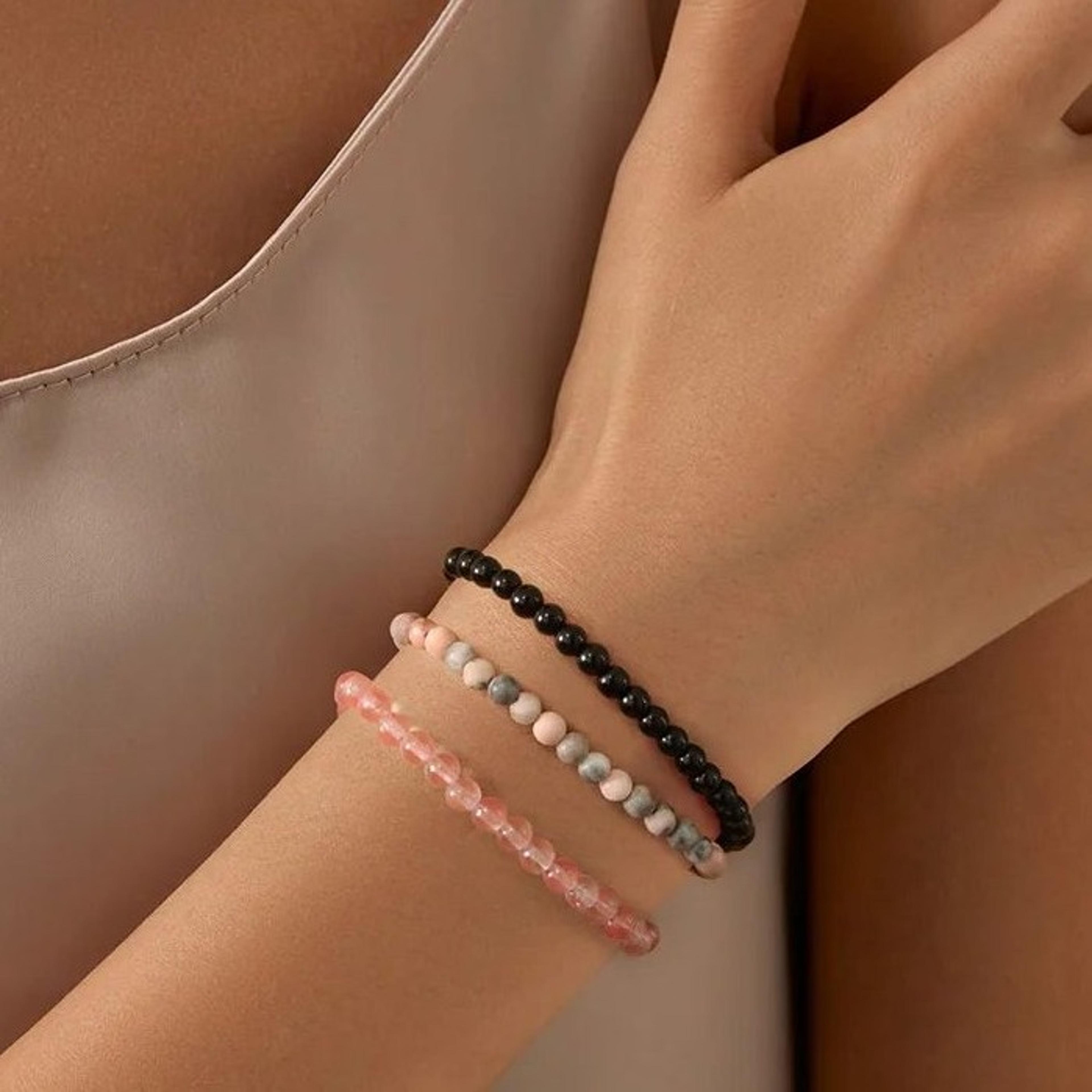3pcs natural stone bead bracelets – 4 mm quartz, agate & black onyx elastic stretch bracelets for women & men