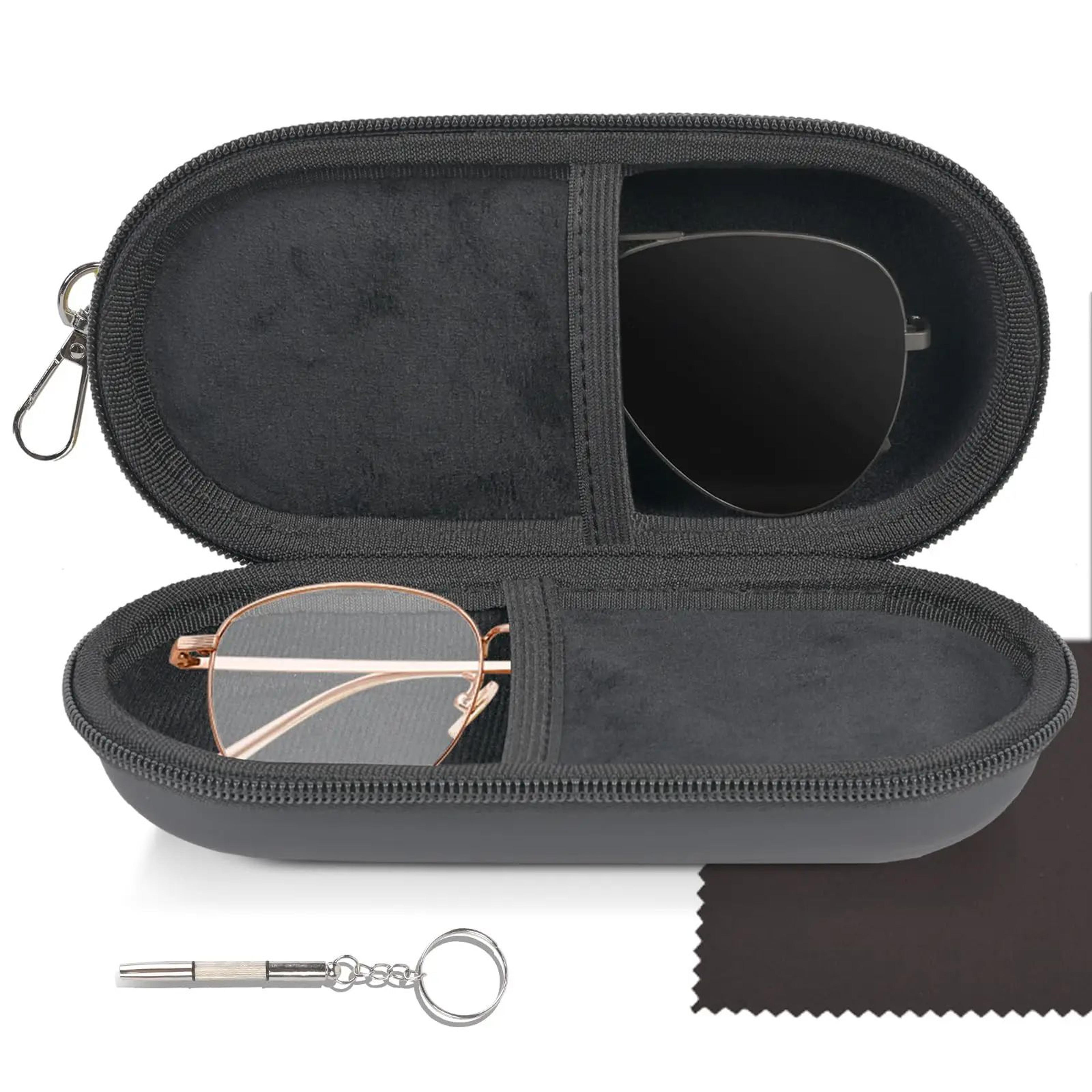 double eyeglasses case – dual sunglasses & eyewear travel organizer with eva hard shell, zipper closure & clip