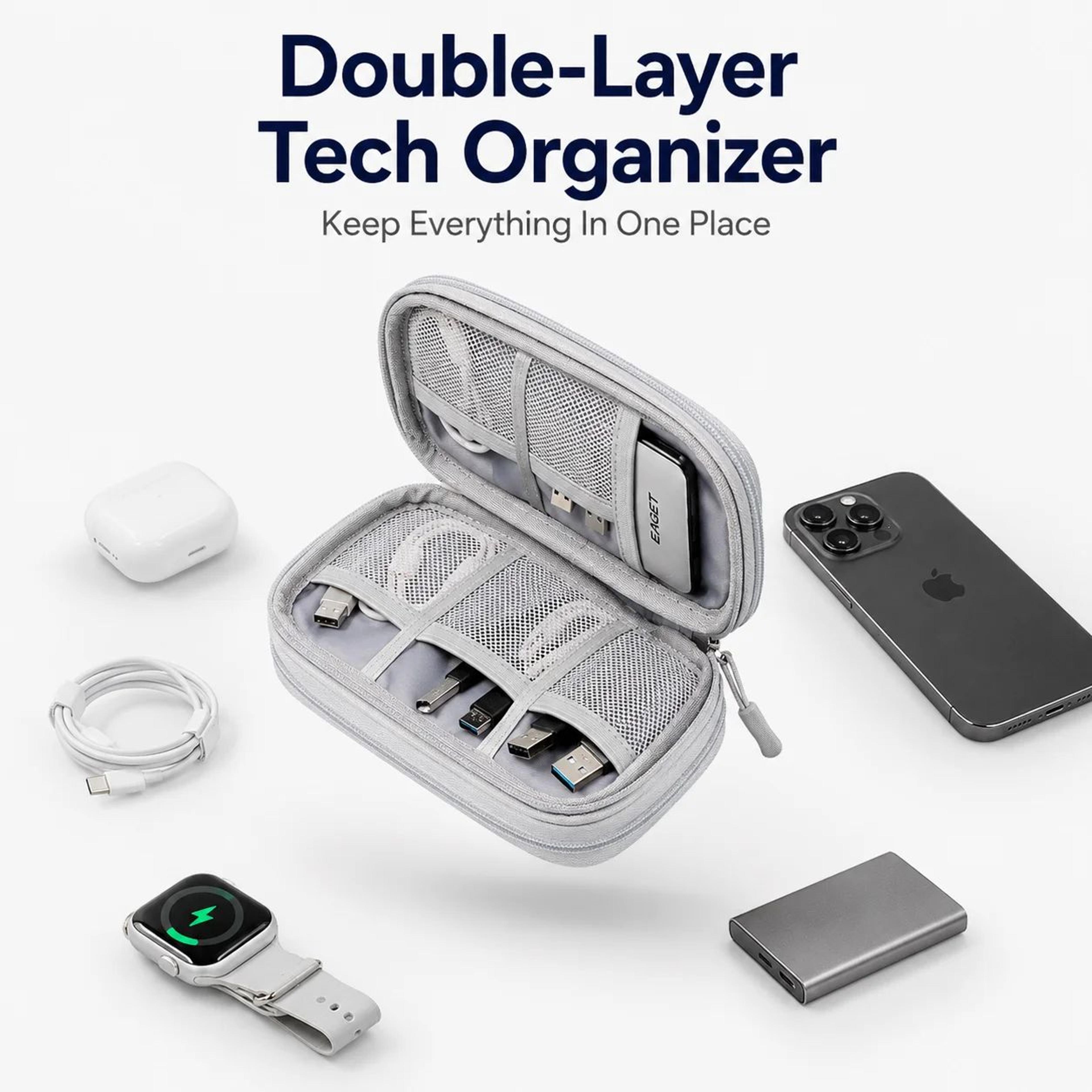 travel tech organizer bag – double-layer cable organizer case for chargers, power bank, ssd & electronic accessories