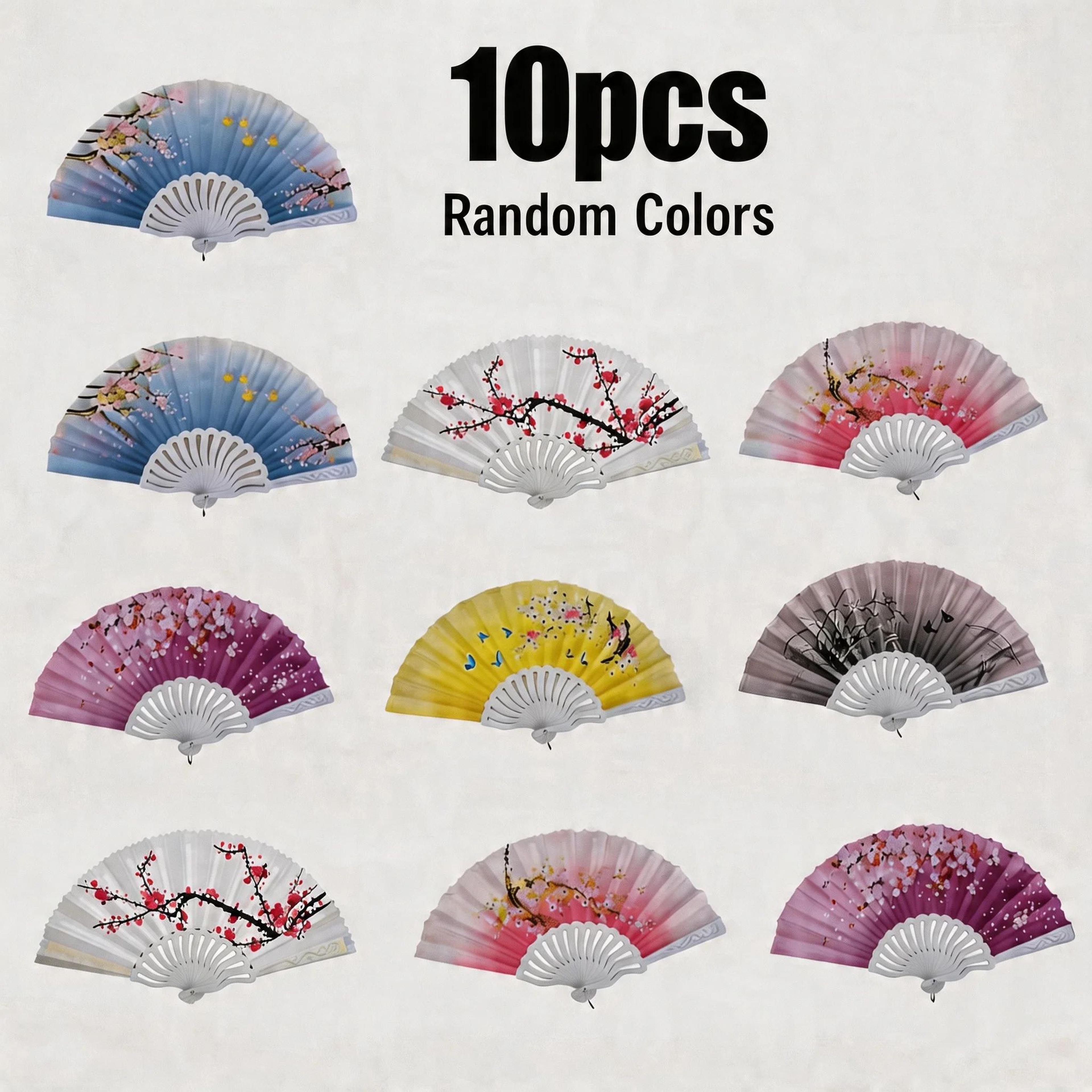 10pcs vintage floral folding hand fans – printed plastic dance fans for parties, photography, home decor & performance p