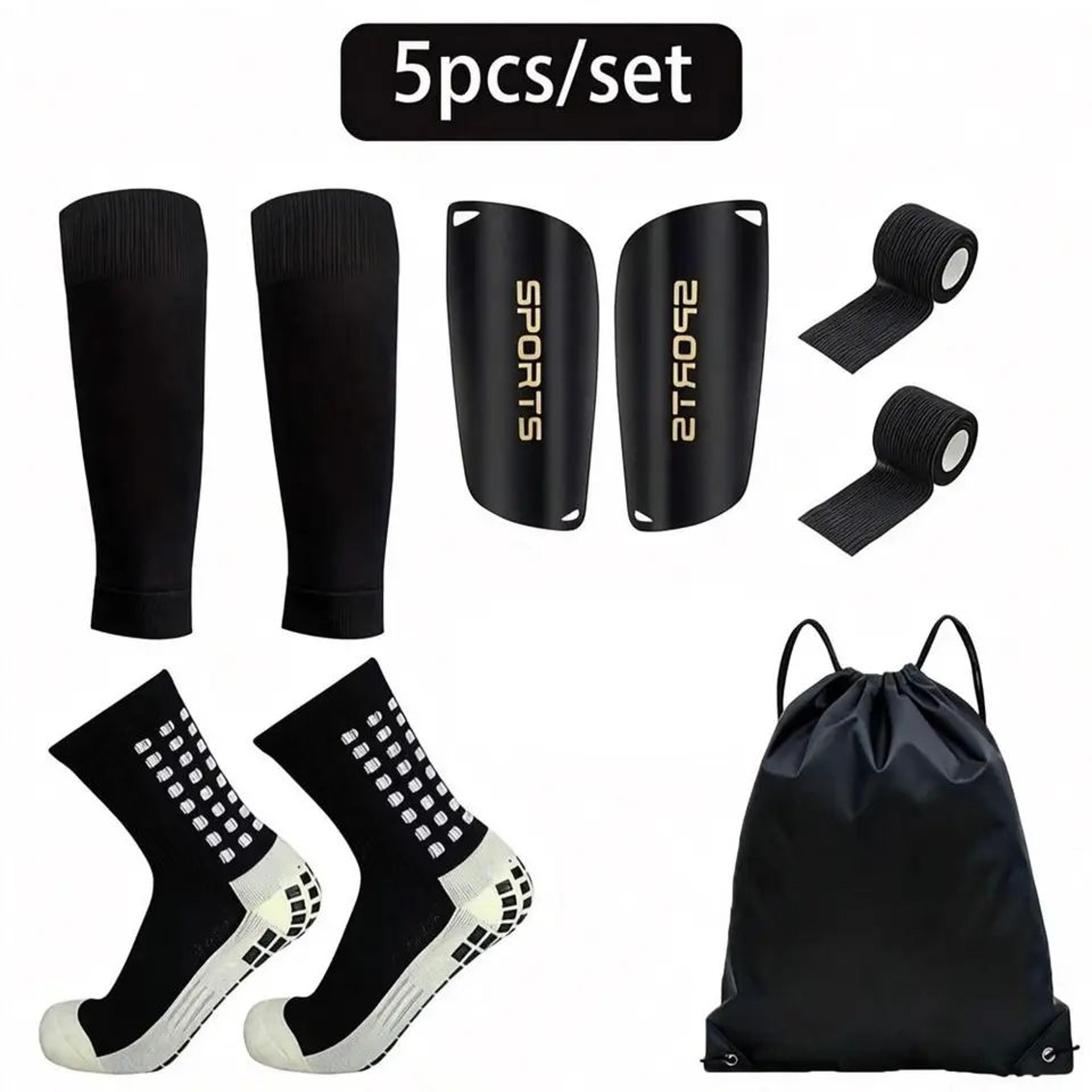 5pcs soccer shin guard set – grip socks, shin pads, leg sleeves, knee strap & drawstring sports bag
